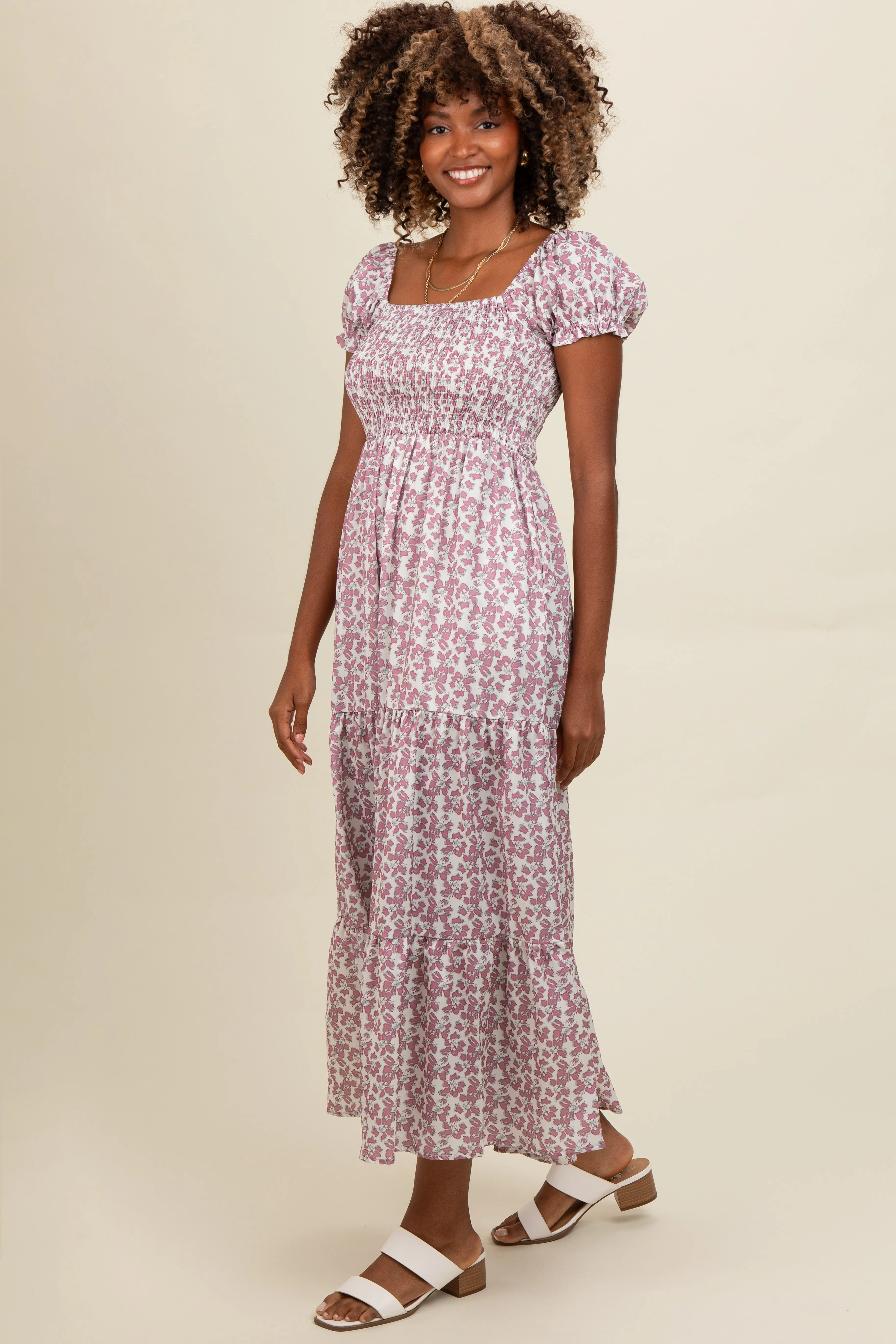 Mauve Floral Puff Sleeve Smocked Maxi Dress sold by Pinkblush product image thumbnail 2