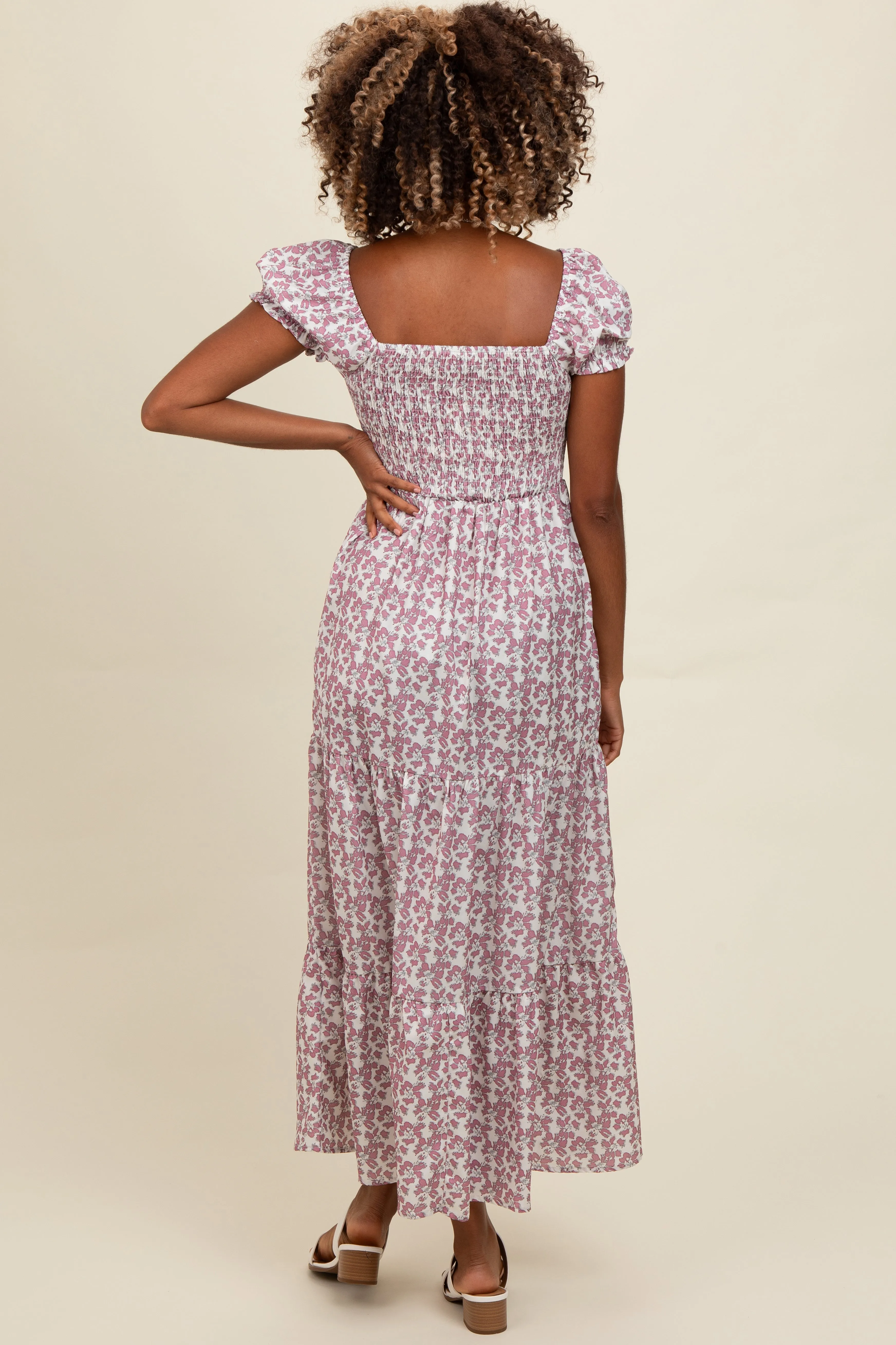 Mauve Floral Puff Sleeve Smocked Maxi Dress sold by Pinkblush product image thumbnail 3