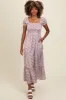 Mauve Floral Puff Sleeve Smocked Maxi Dress sold by Pinkblush