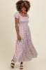 Mauve Floral Puff Sleeve Smocked Maxi Dress sold by Pinkblush