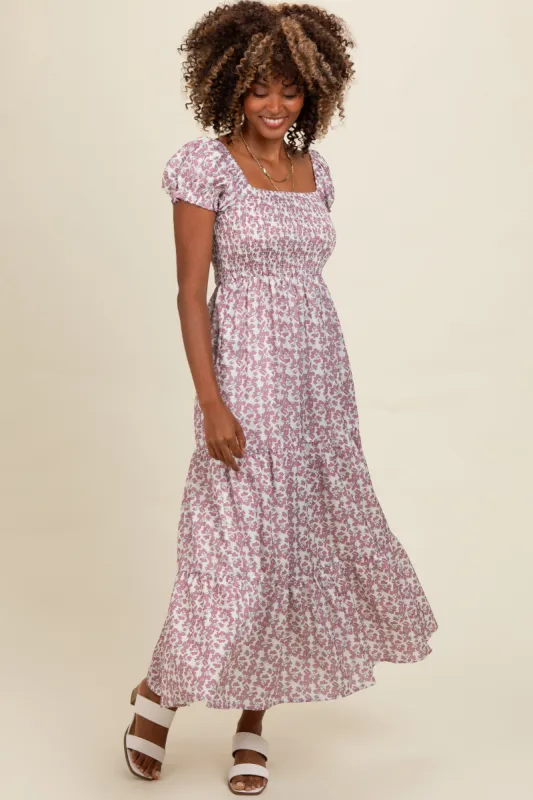 Mauve Floral Puff Sleeve Smocked Maxi Dress sold by Pinkblush
