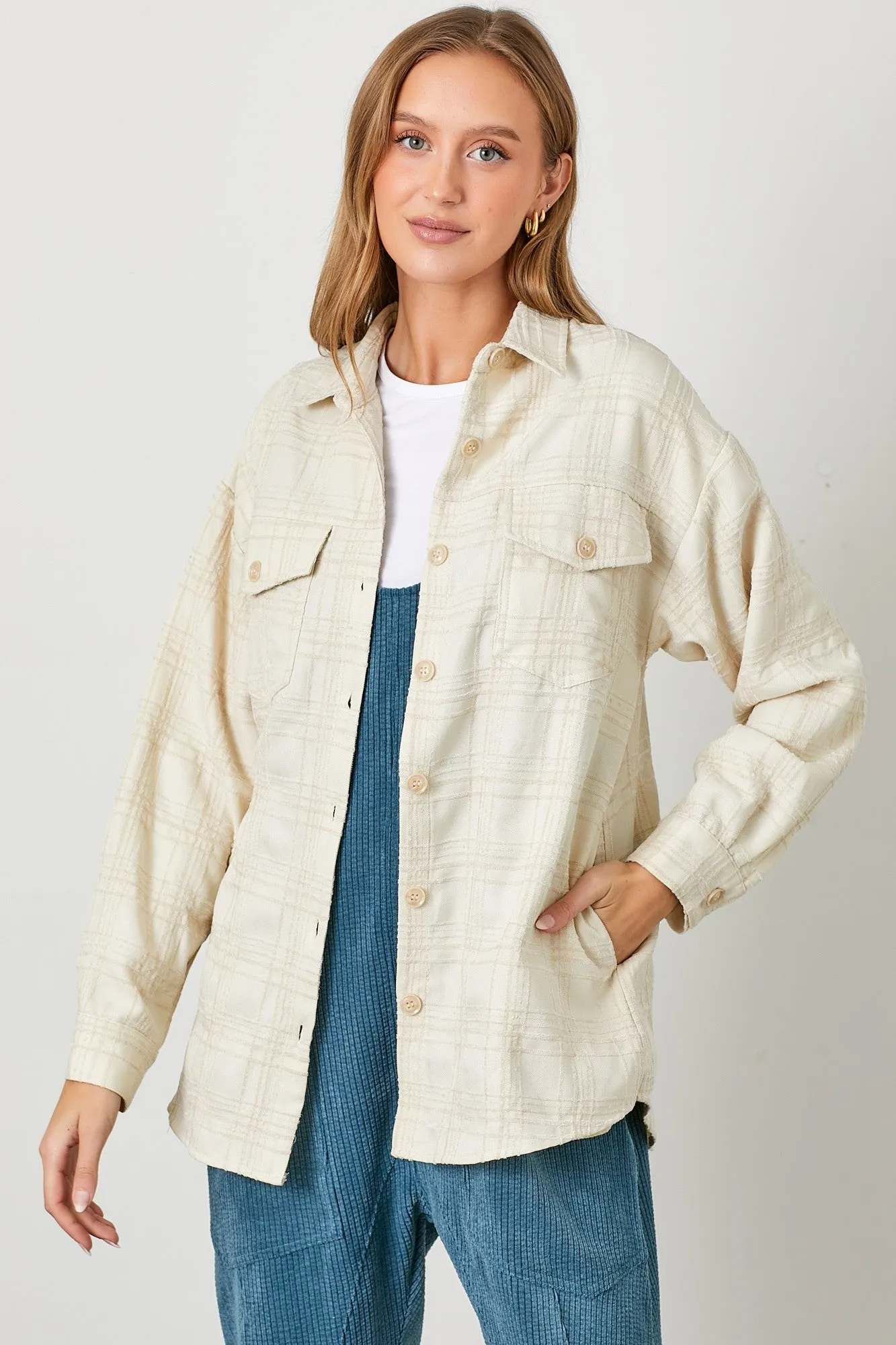 Ivory Plaid Textured Shirt Jacket sold by Pinkblush product image thumbnail 2