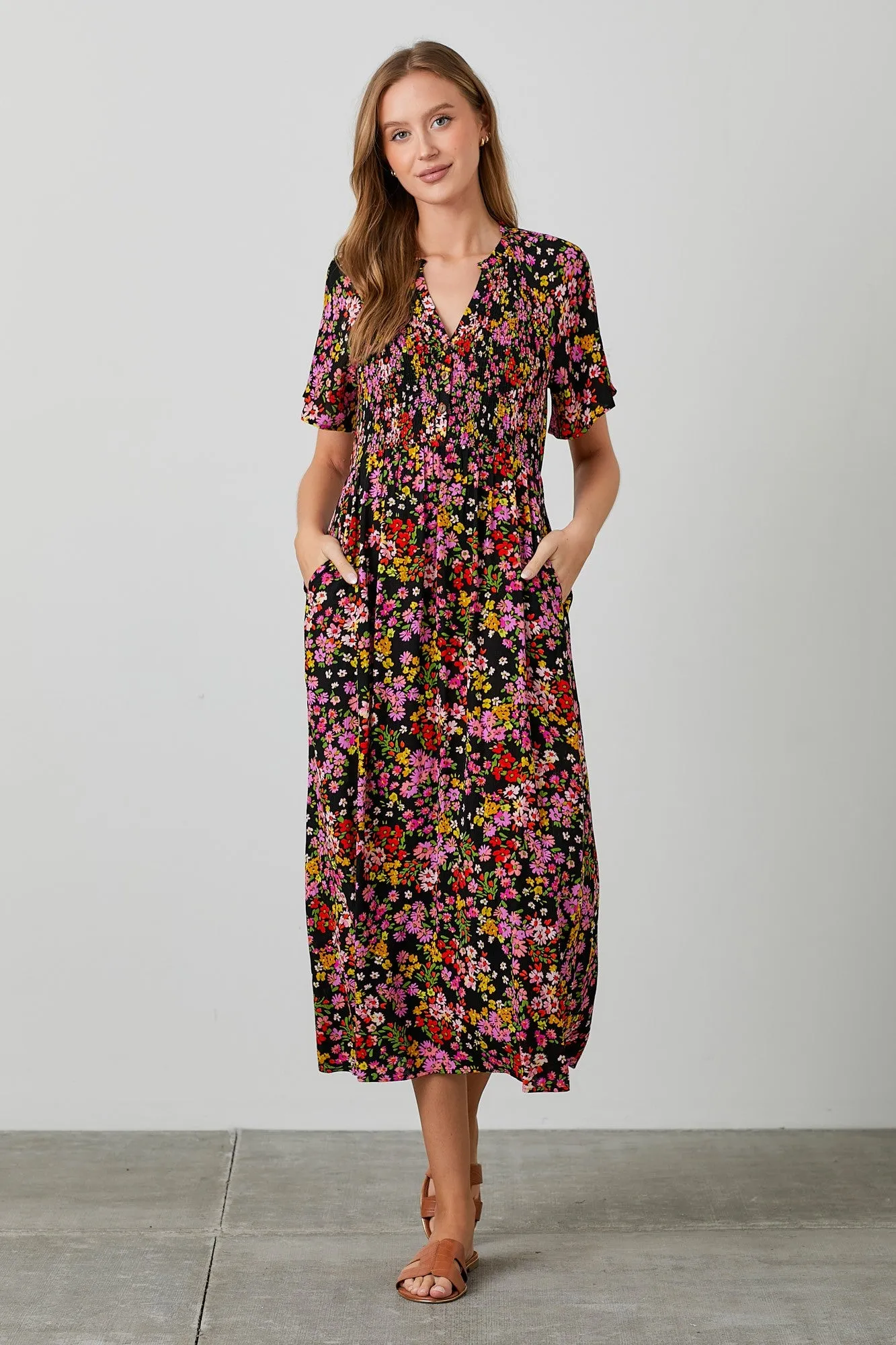 Black Floral Smocked Button Up Midi Dress sold by Pinkblush product image thumbnail 5