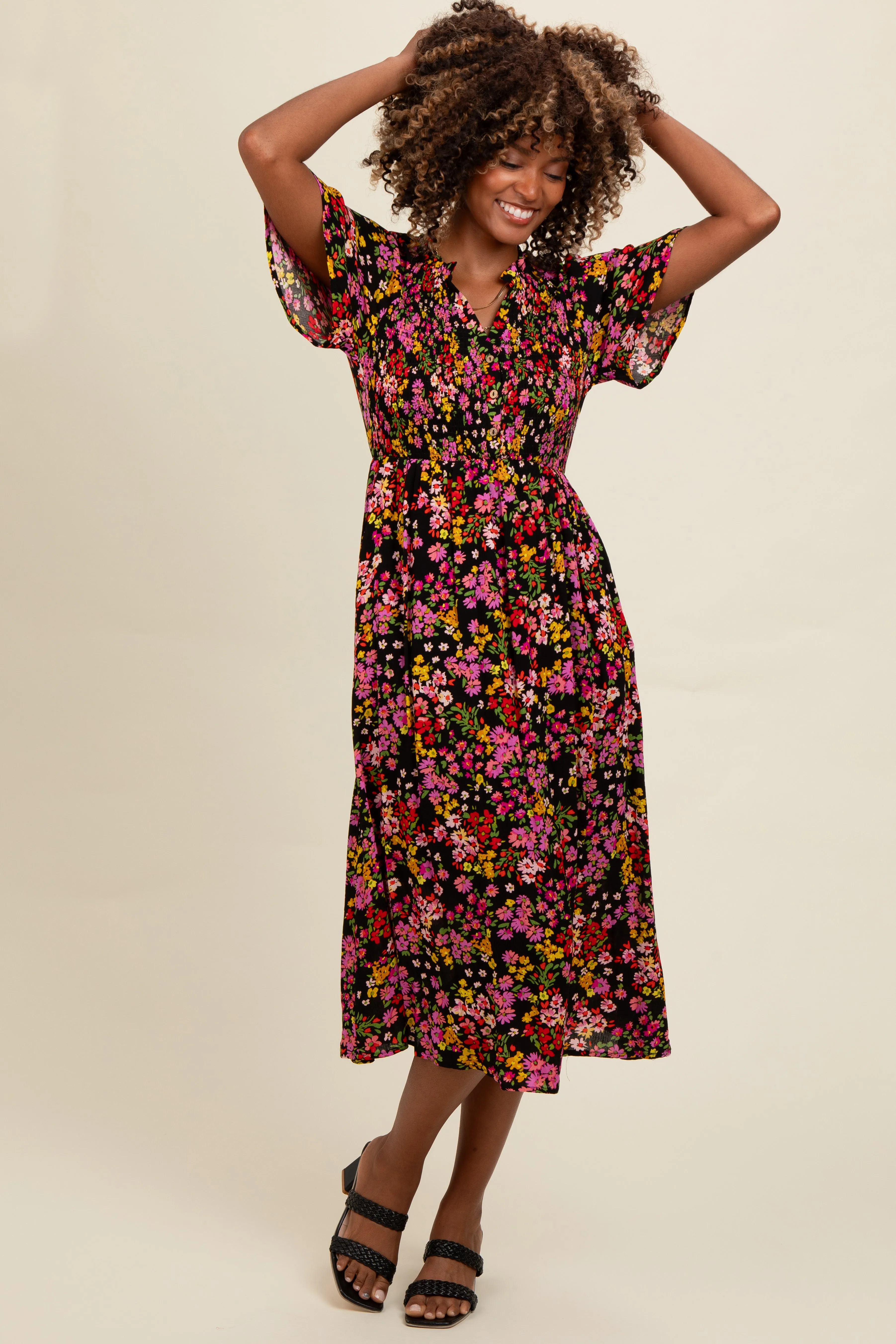 Black Floral Smocked Button Up Midi Dress sold by Pinkblush product image thumbnail 2