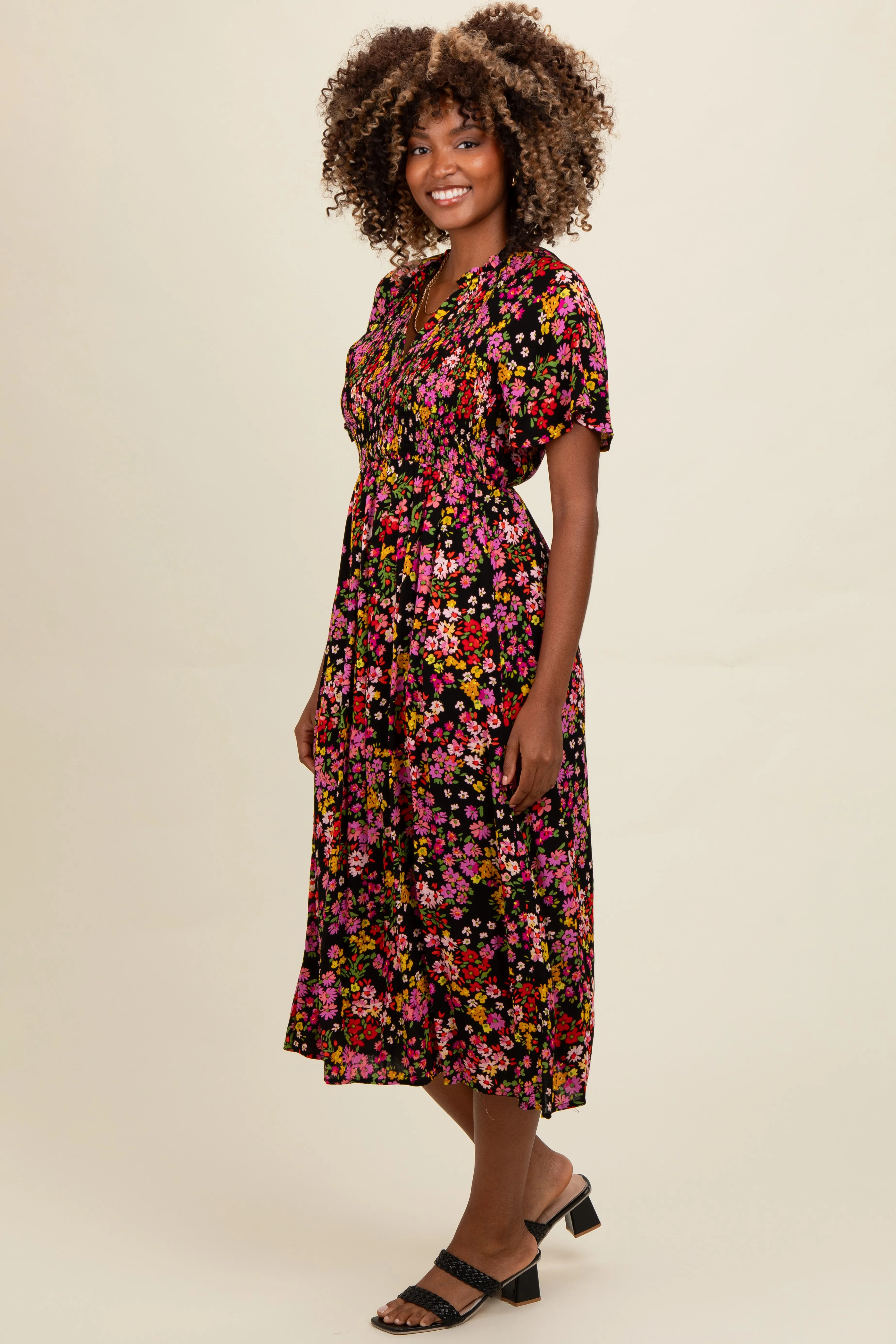 Black Floral Smocked Button Up Midi Dress sold by Pinkblush product image thumbnail 3