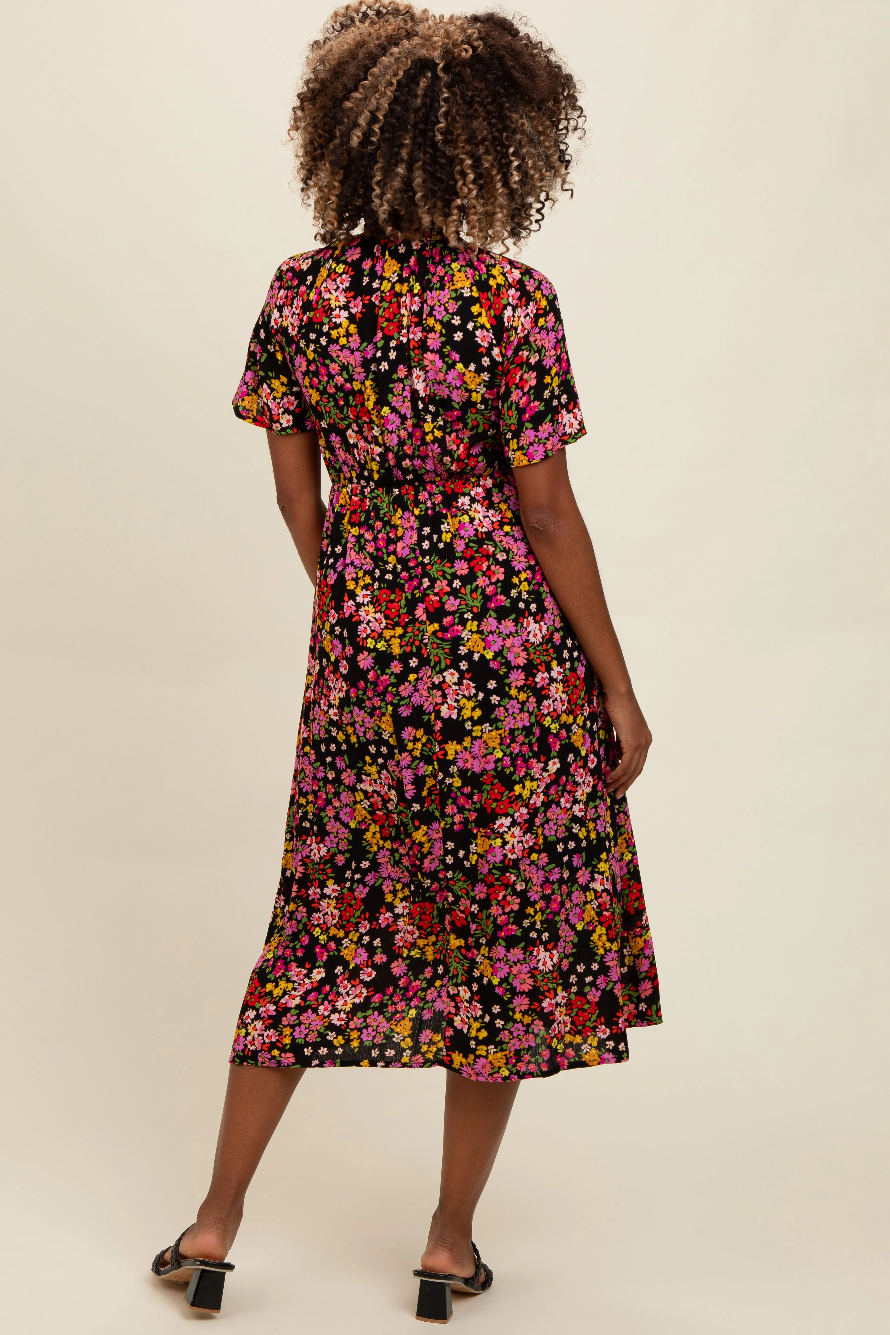Black Floral Smocked Button Up Midi Dress sold by Pinkblush product image thumbnail 4