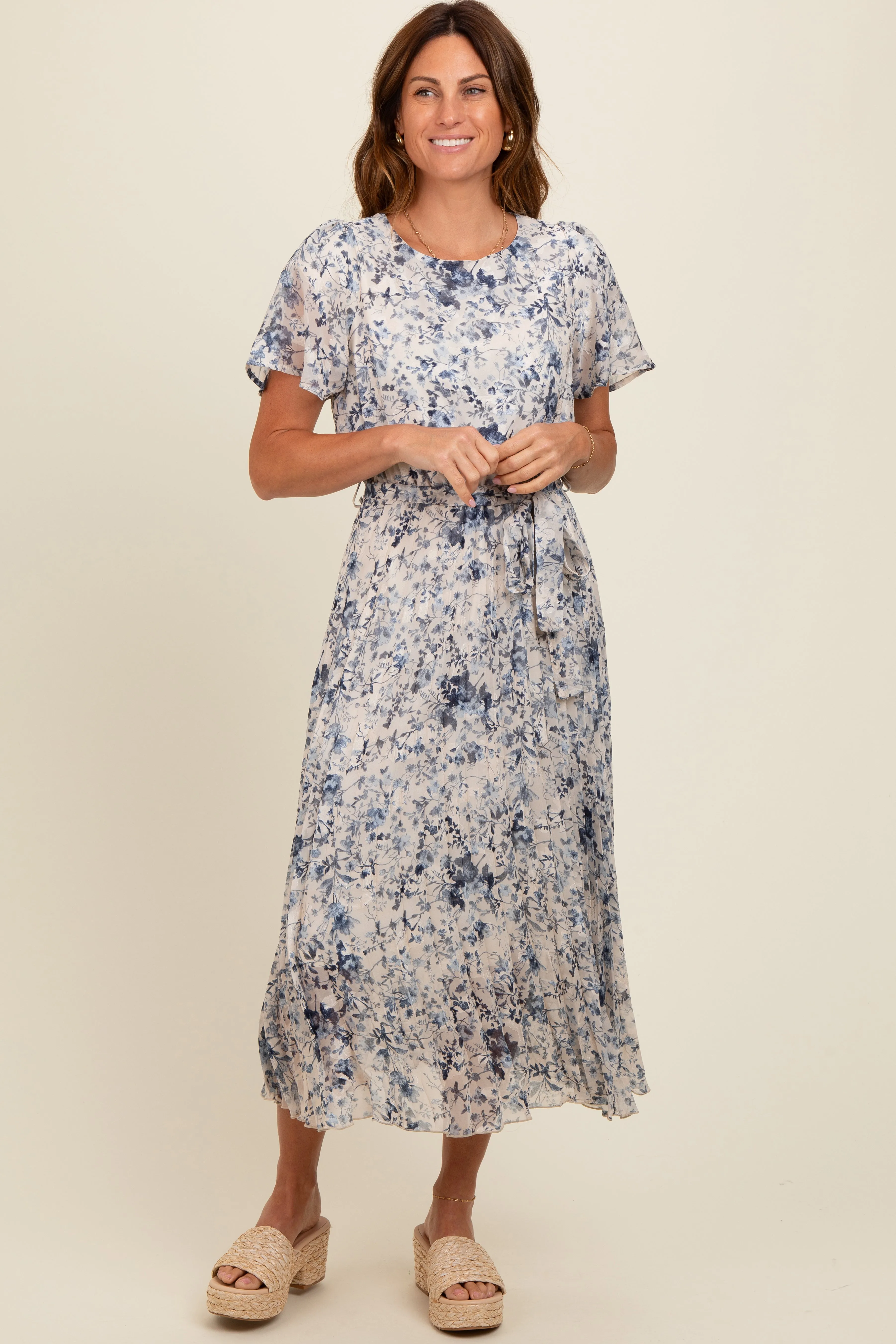 Cream Floral Pleated Midi Dress sold by Pinkblush product image thumbnail 2