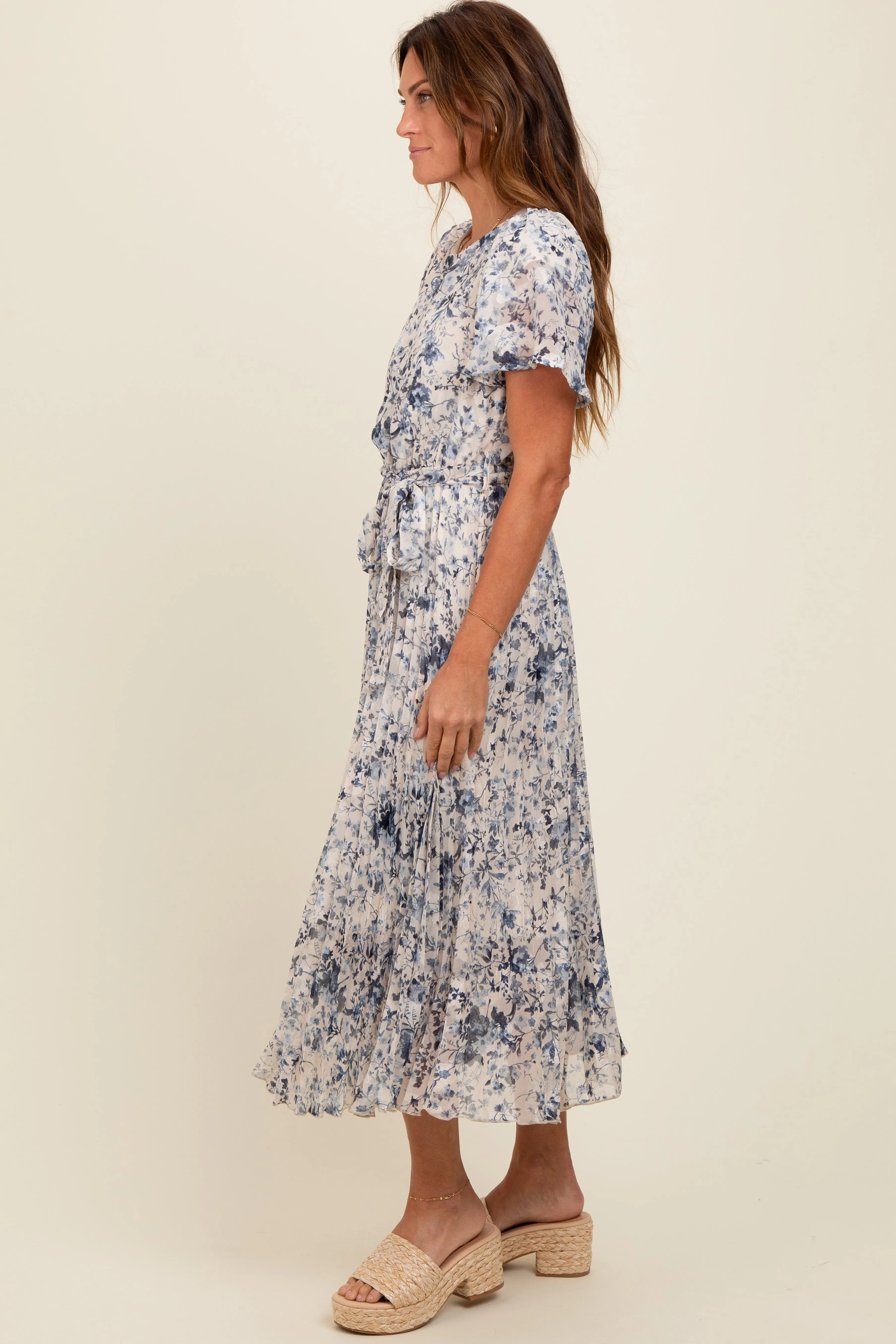 Cream Floral Pleated Midi Dress sold by Pinkblush product image thumbnail 3