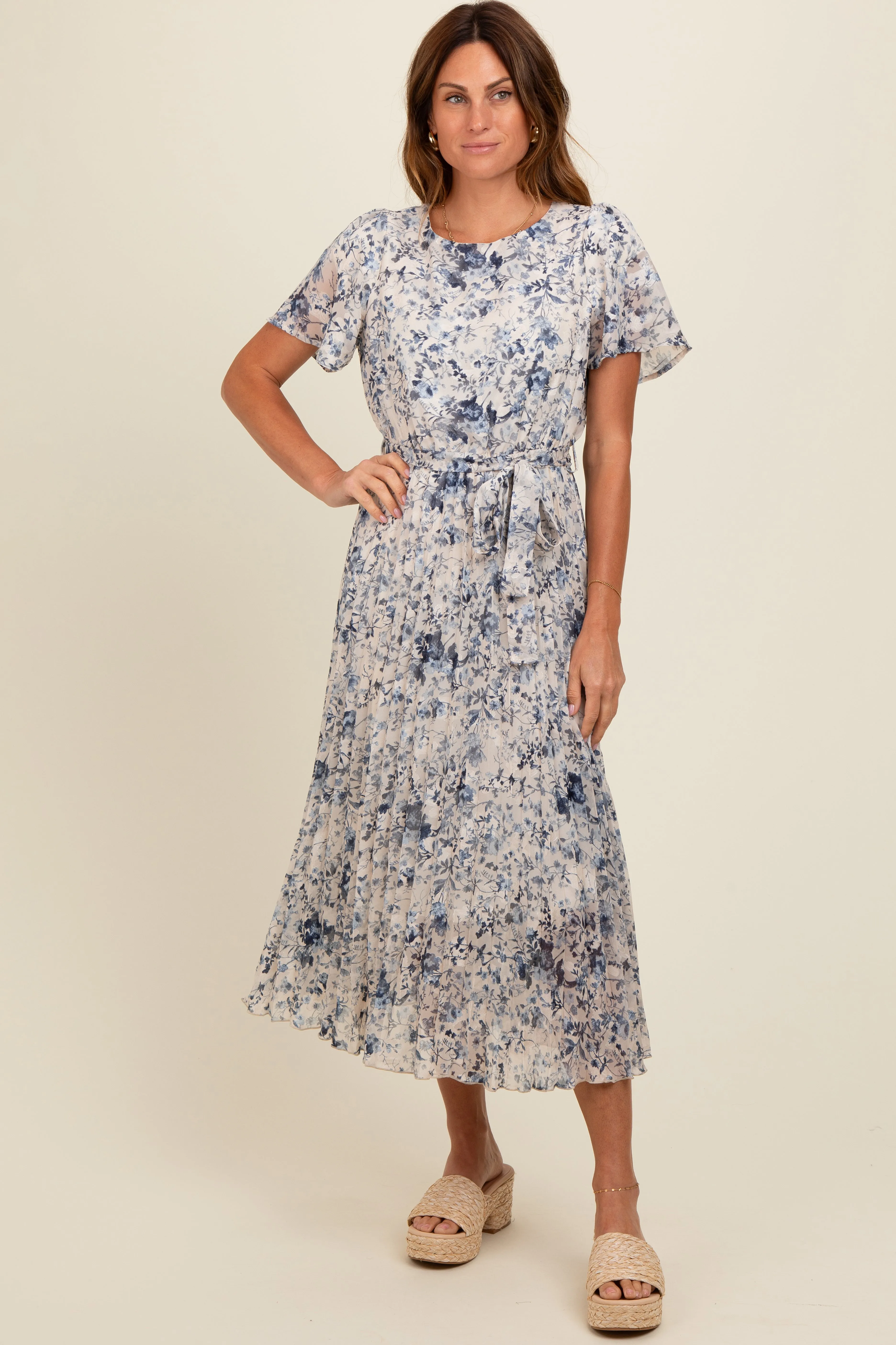 Cream Floral Pleated Midi Dress sold by Pinkblush