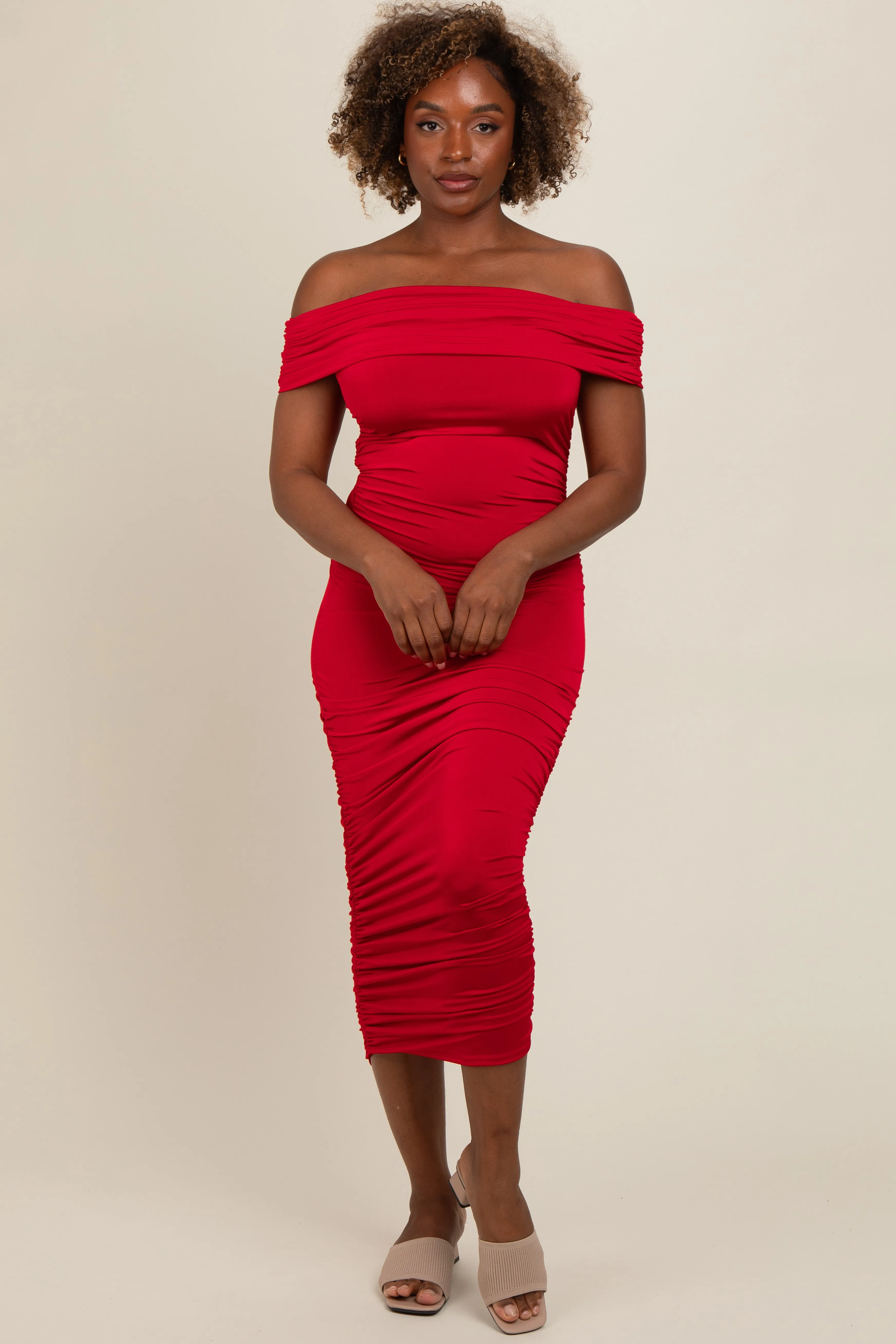 Red Off Shoulder Ruched Midi Dress sold by Pinkblush