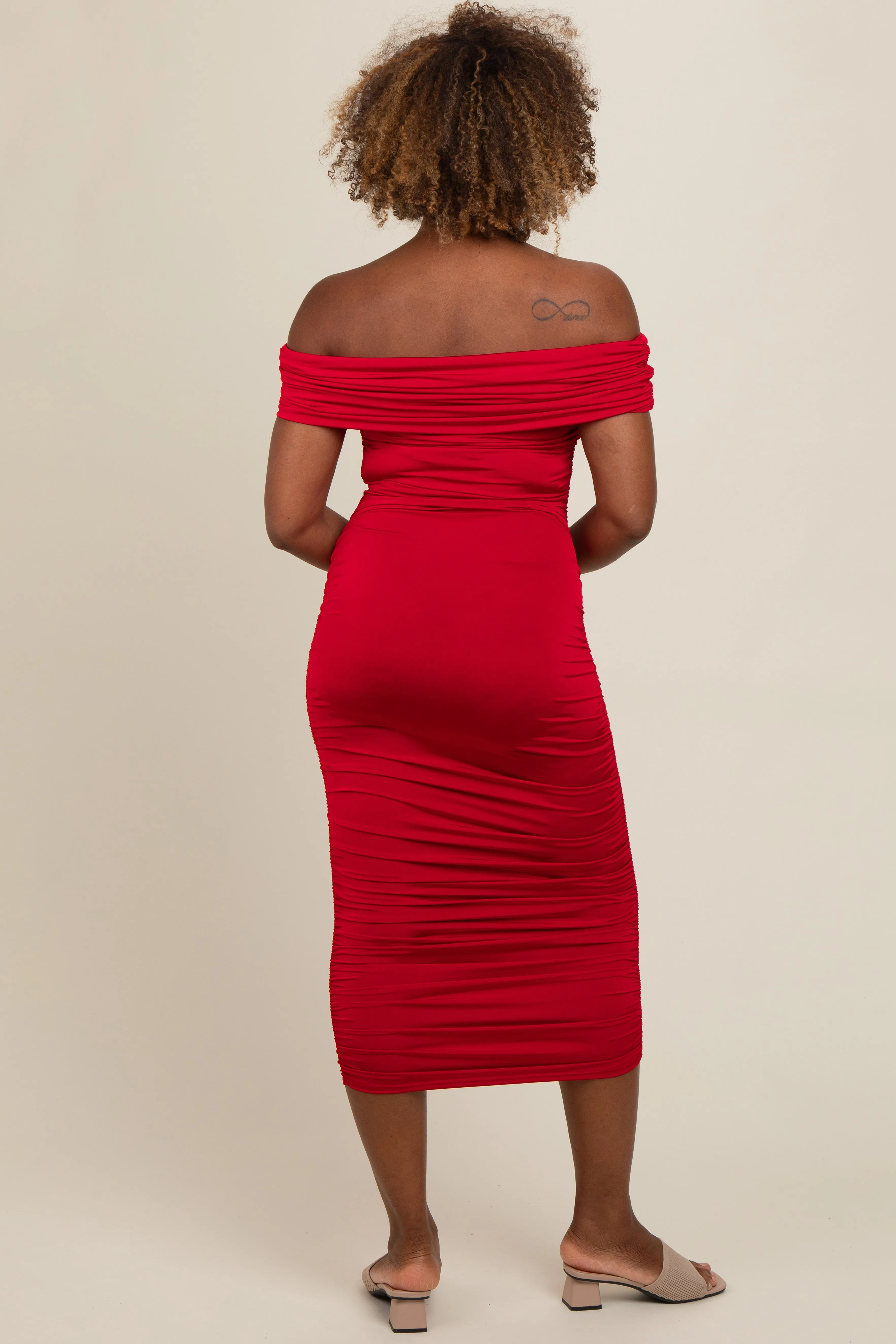 Red Off Shoulder Ruched Midi Dress sold by Pinkblush product image thumbnail 2