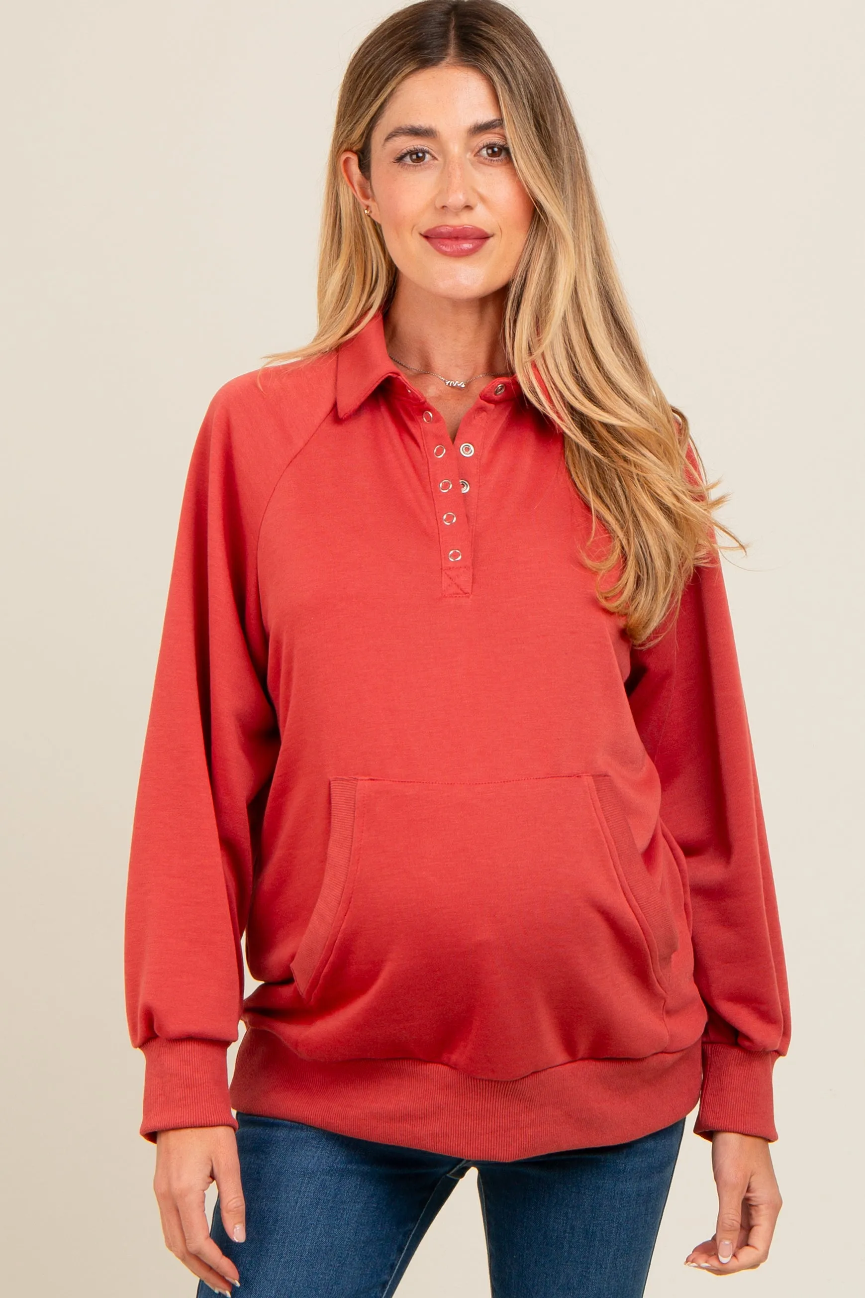 Rust Collared Snap Button Maternity Pullover sold by Pinkblush