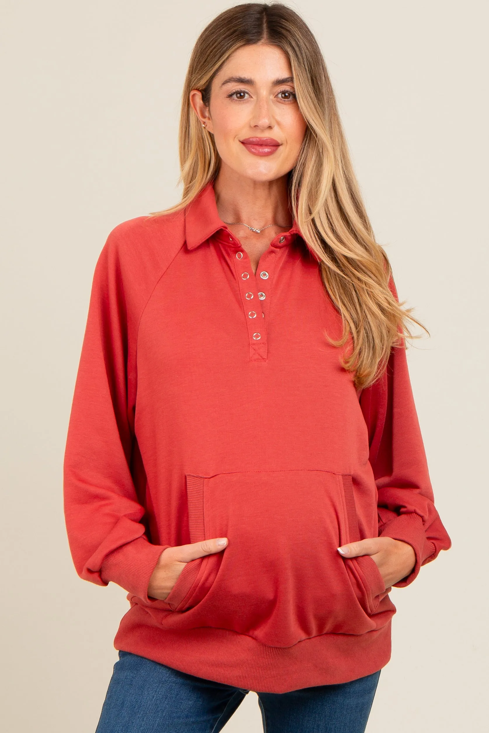 Rust Collared Snap Button Maternity Pullover sold by Pinkblush product image thumbnail 2