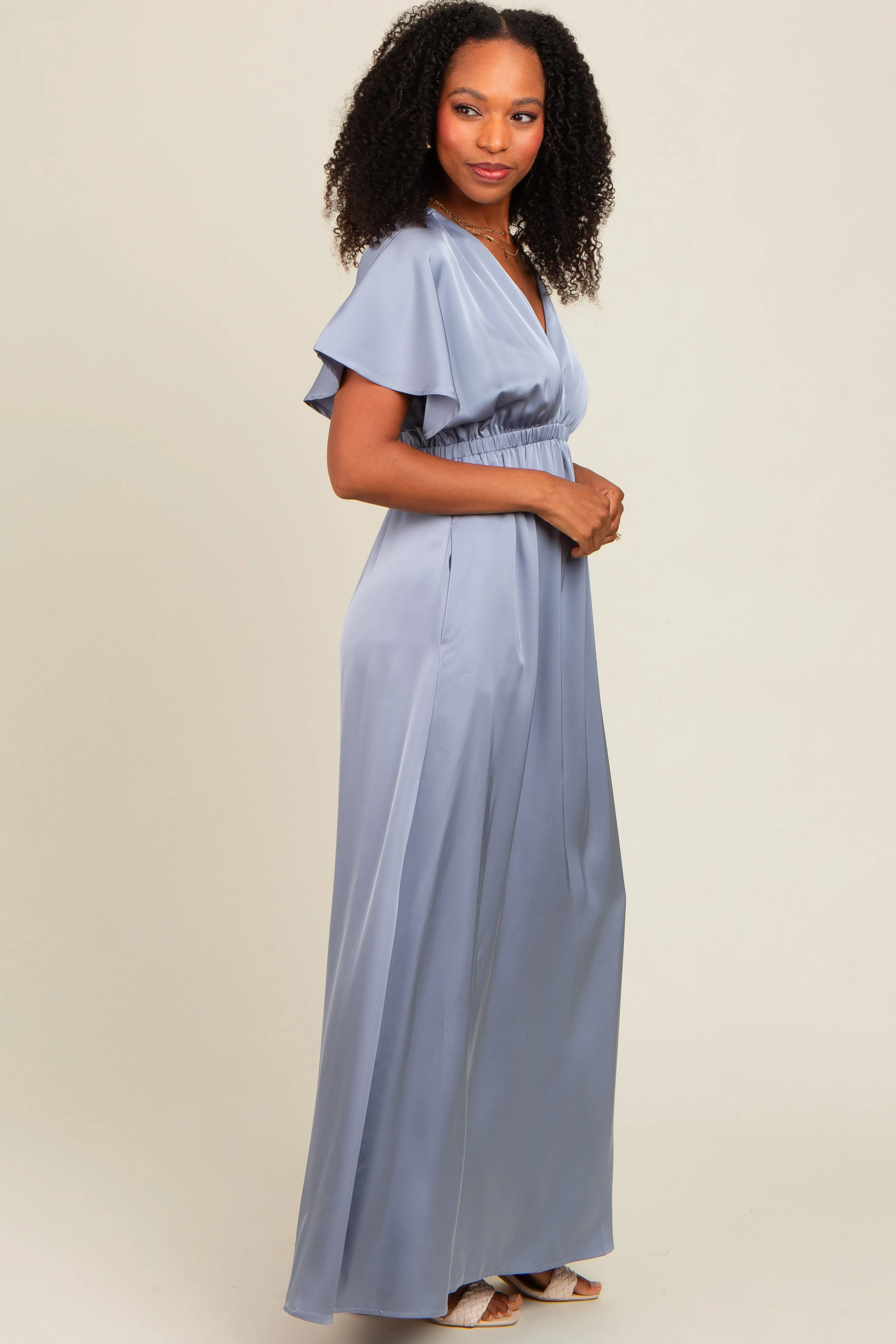 Blue Satin V-Neck Flutter Short Sleeve Maxi Dress sold by Pinkblush product image thumbnail 3