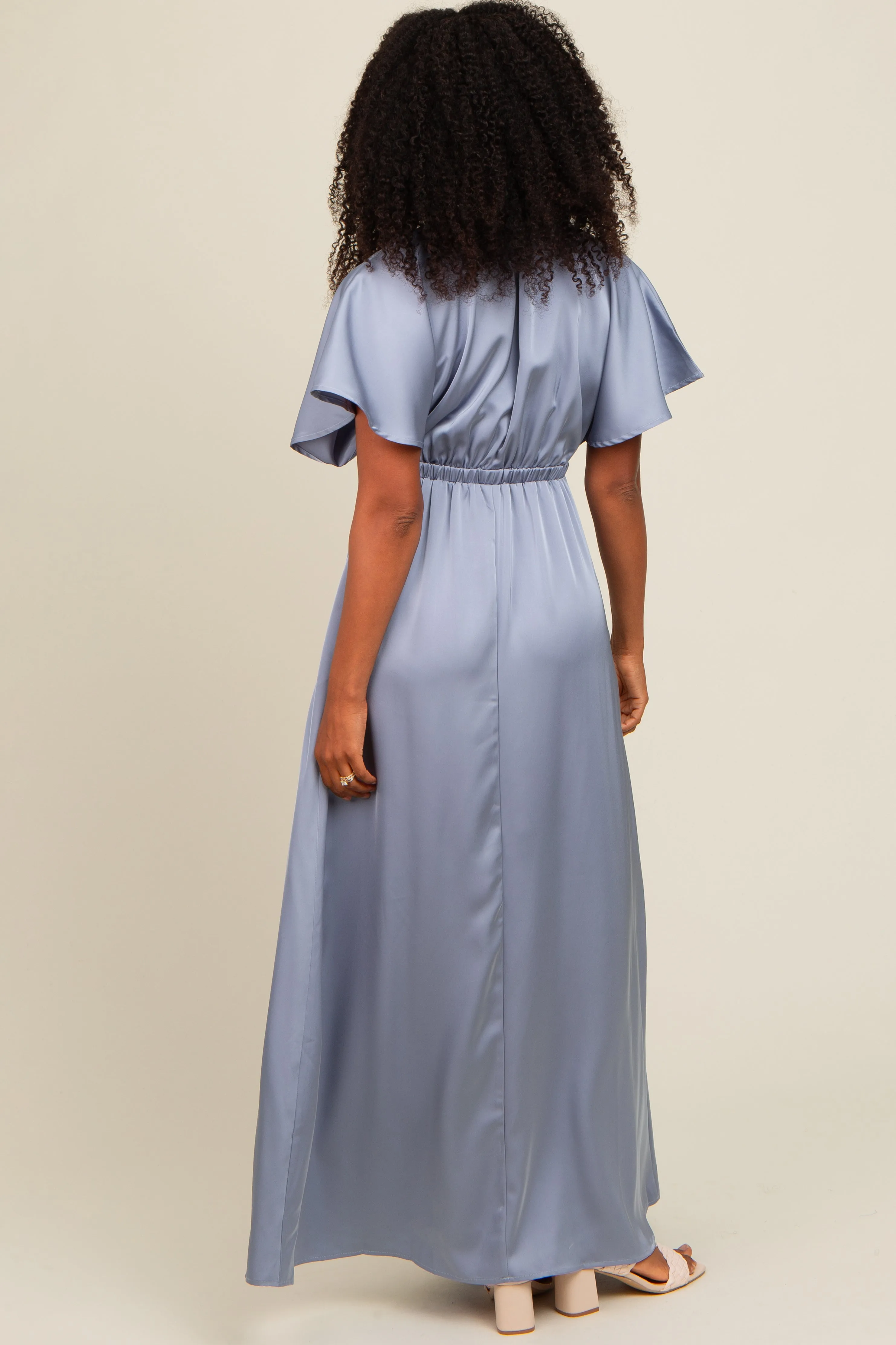Blue Satin V-Neck Flutter Short Sleeve Maxi Dress sold by Pinkblush product image thumbnail 4