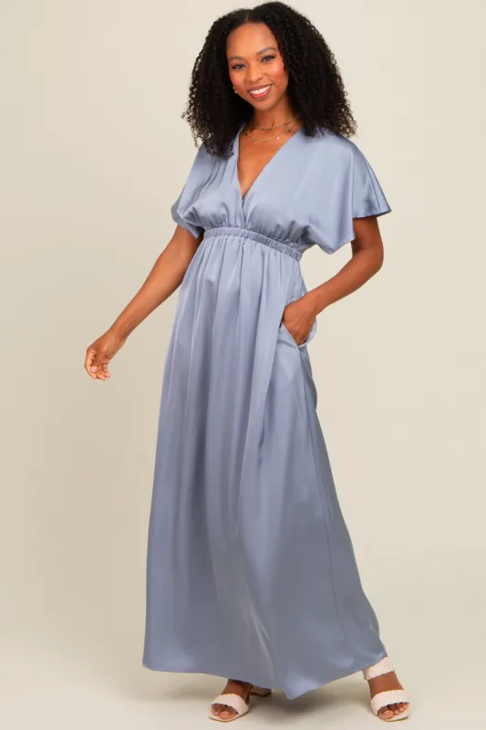 Blue Satin V-Neck Flutter Short Sleeve Maxi Dress sold by Pinkblush