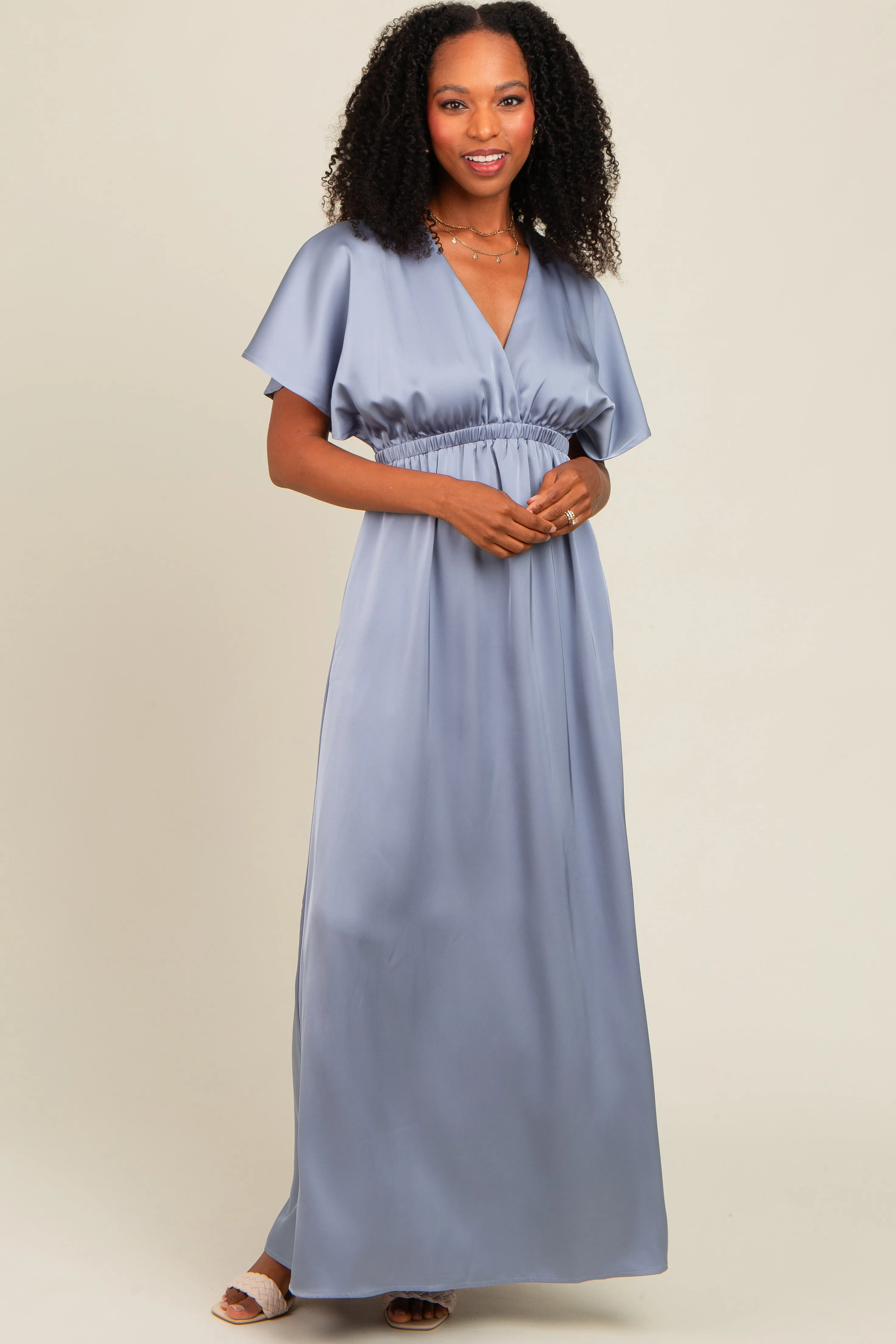 Blue Satin V-Neck Flutter Short Sleeve Maxi Dress sold by Pinkblush product image thumbnail 2