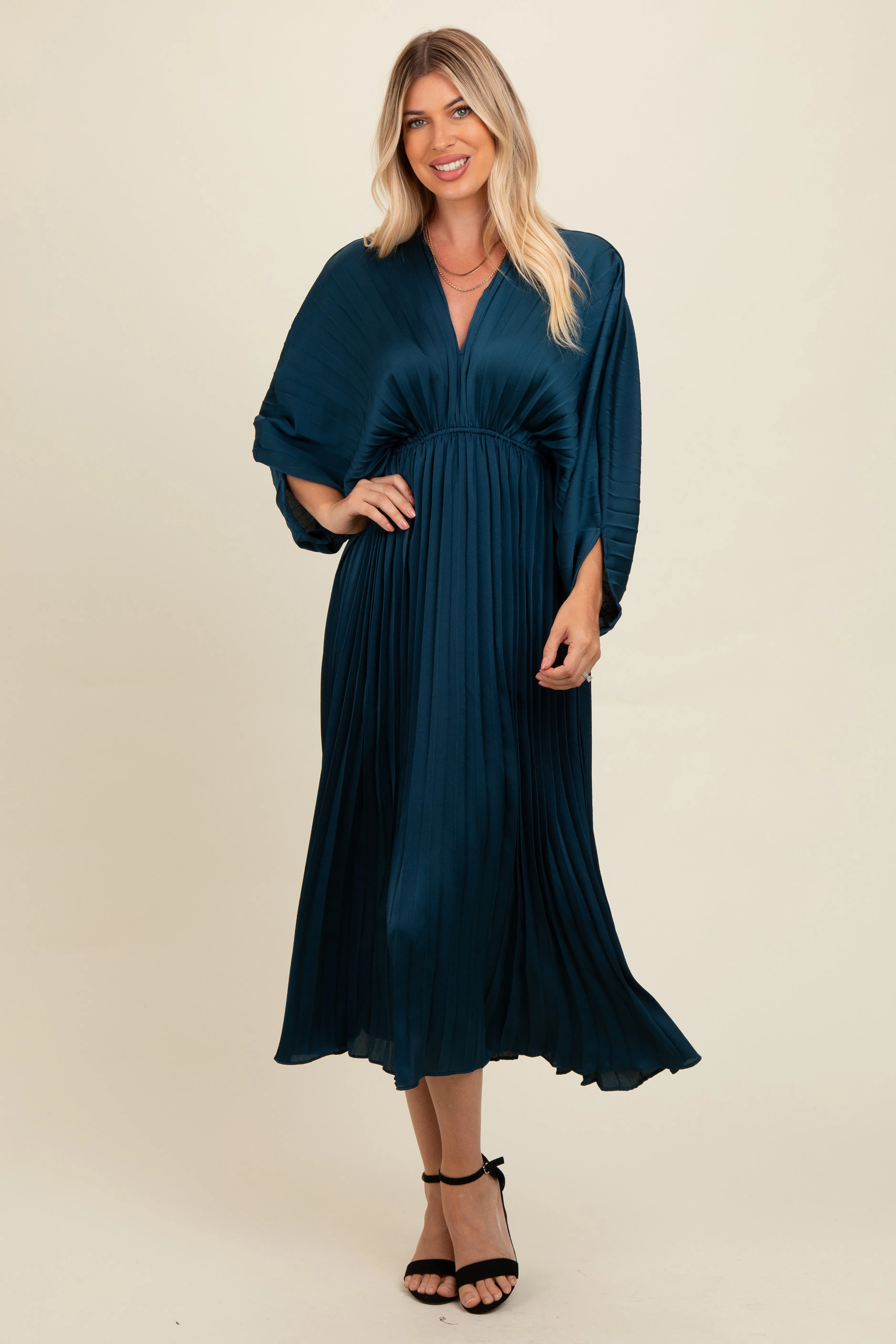 Teal Satin Pleated V-Neck Maxi Dress sold by Pinkblush product image thumbnail 2
