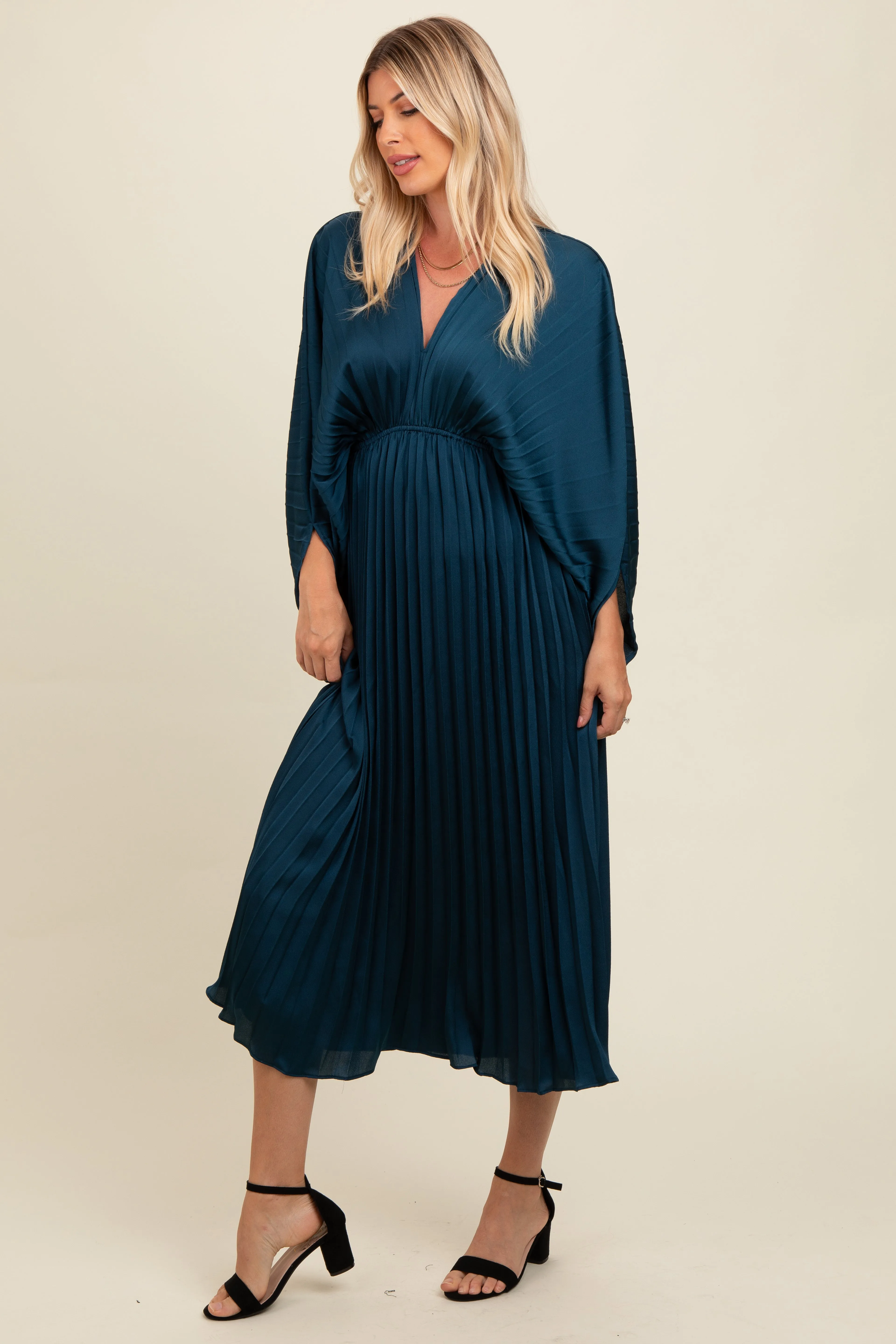 Teal Satin Pleated V-Neck Maxi Dress sold by Pinkblush product image thumbnail 3