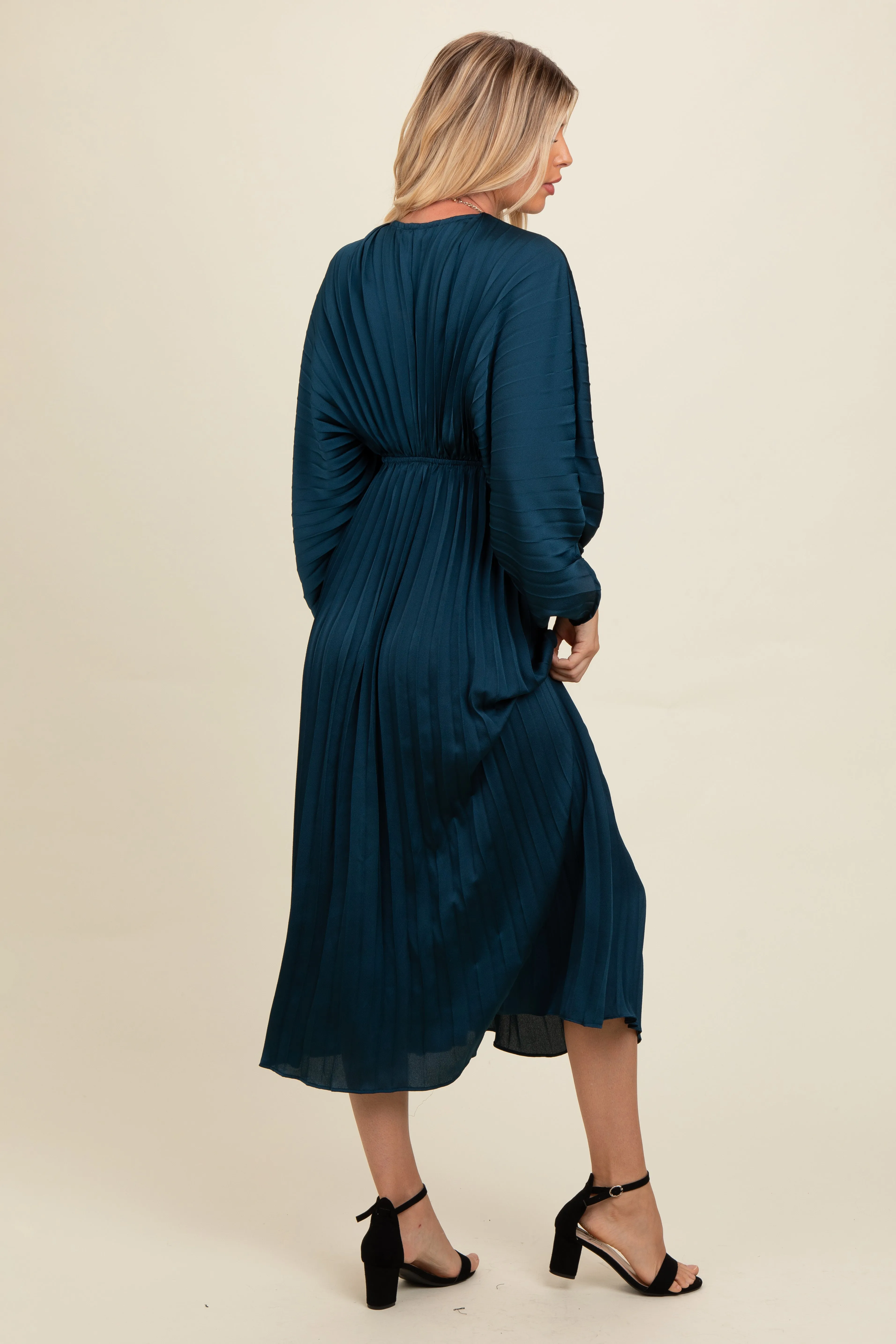 Teal Satin Pleated V-Neck Maxi Dress sold by Pinkblush product image thumbnail 4