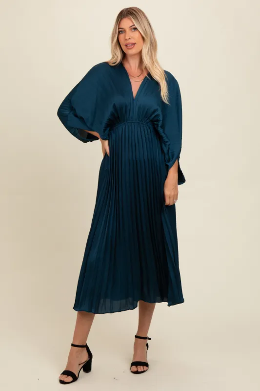 Teal Satin Pleated V-Neck Maxi Dress sold by Pinkblush