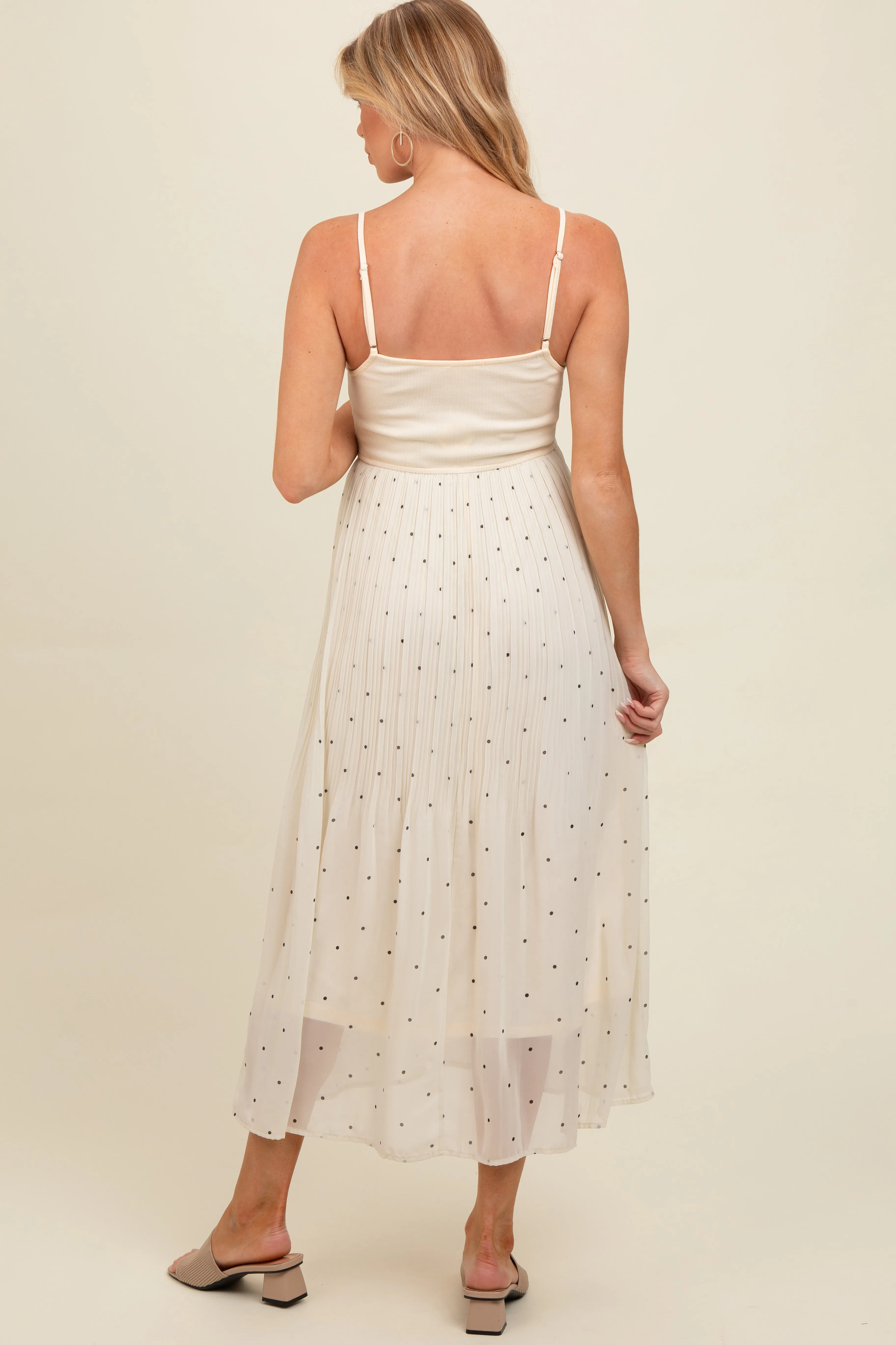 Cream Polka Dot Pleated Mesh Overlay Maternity Maxi Dress sold by Pinkblush product image thumbnail 2