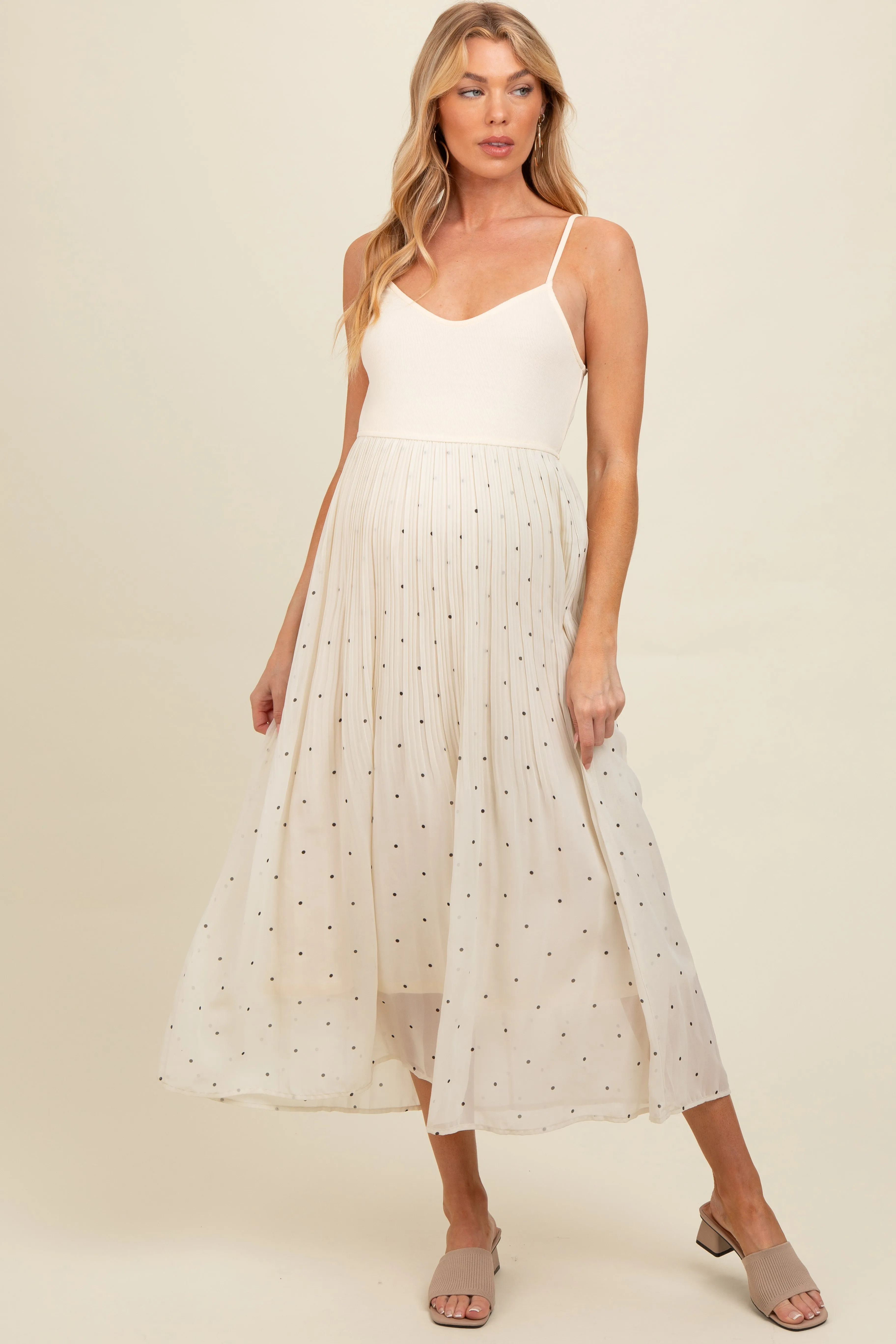 Cream Polka Dot Pleated Mesh Overlay Maternity Maxi Dress sold by Pinkblush