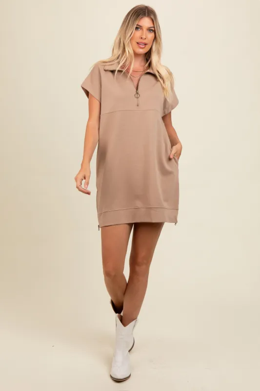 Light Mocha Knit Half Zip Mini Dress sold by Pinkblush