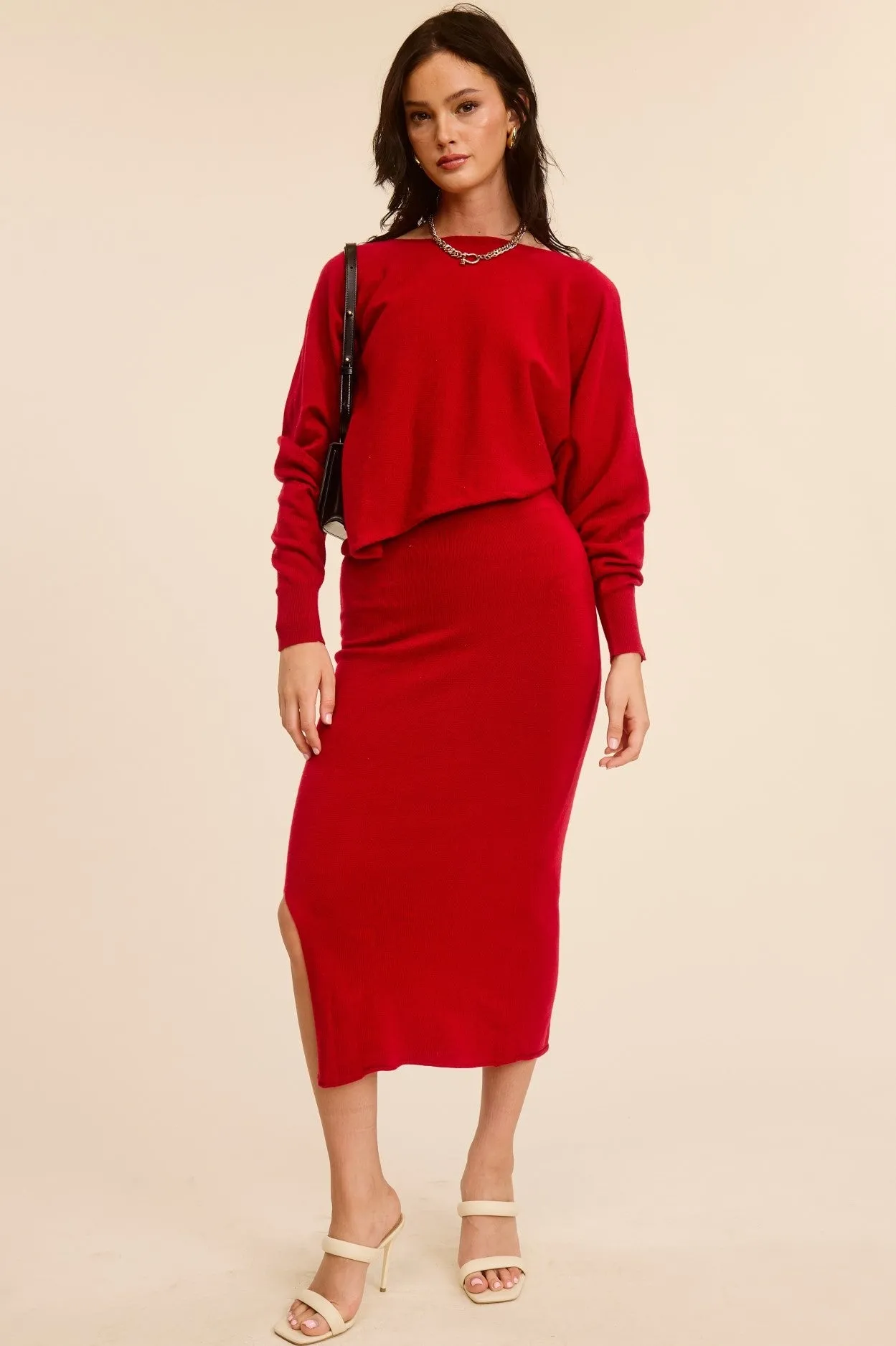 Red Knit Asymmetrical Top Midi Skirt Set sold by Pinkblush