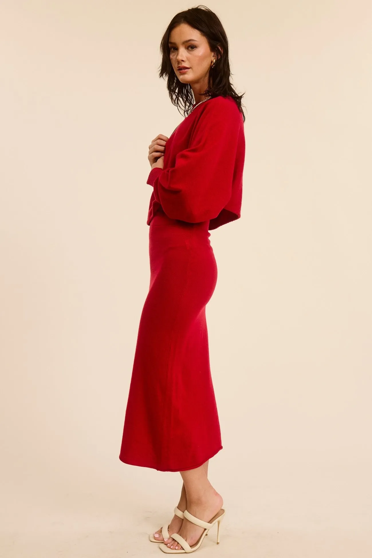 Red Knit Asymmetrical Top Midi Skirt Set sold by Pinkblush product image thumbnail 2