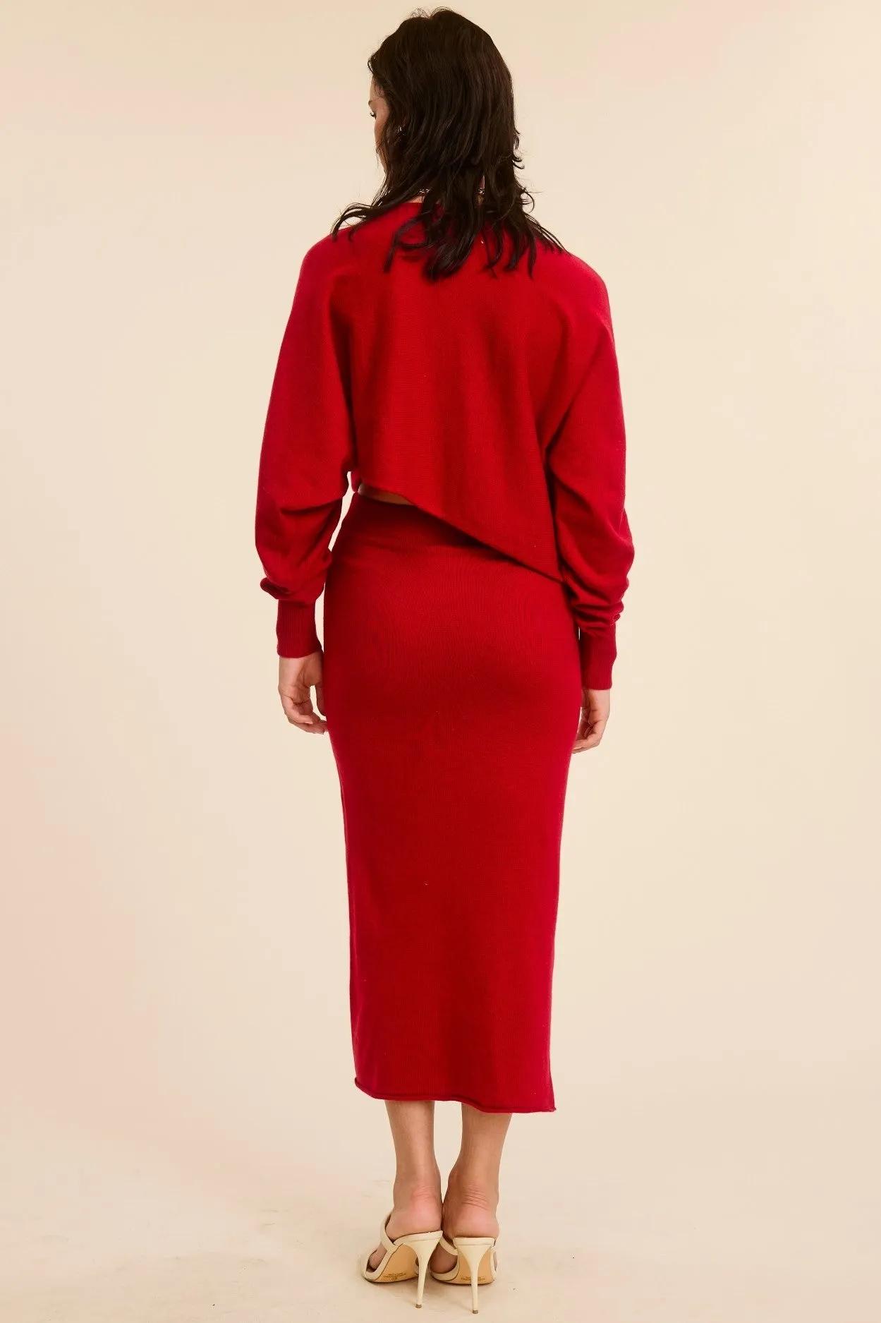 Red Knit Asymmetrical Top Midi Skirt Set sold by Pinkblush product image thumbnail 3