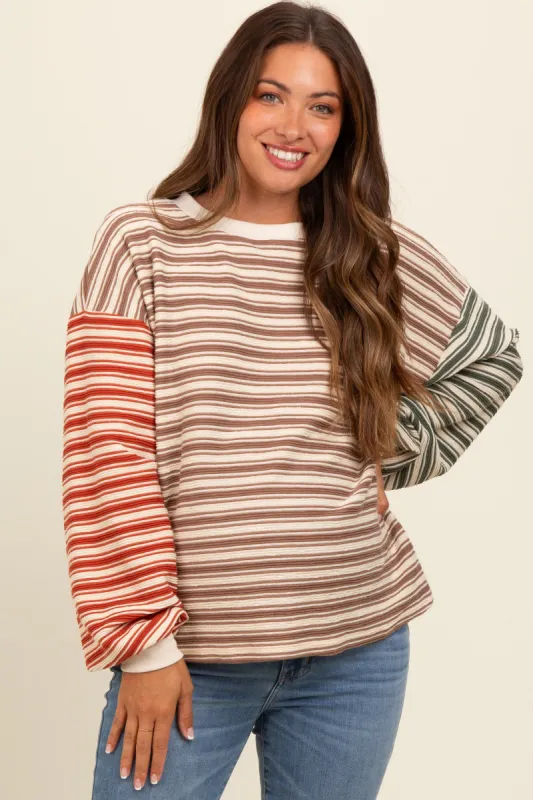 Brown Striped Colorblock Bubble Sleeve Maternity Top sold by Pinkblush