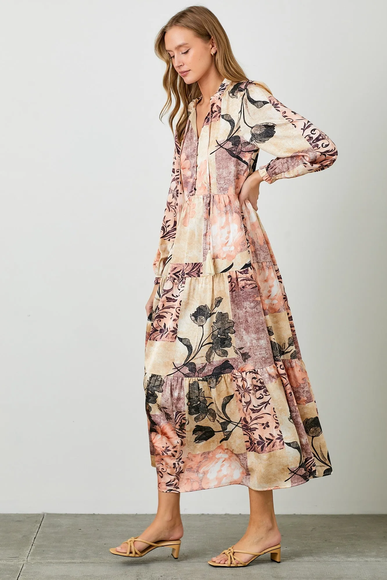 Beige Patchwork Satin Tiered Button Front Midi Dress sold by Pinkblush product image thumbnail 2