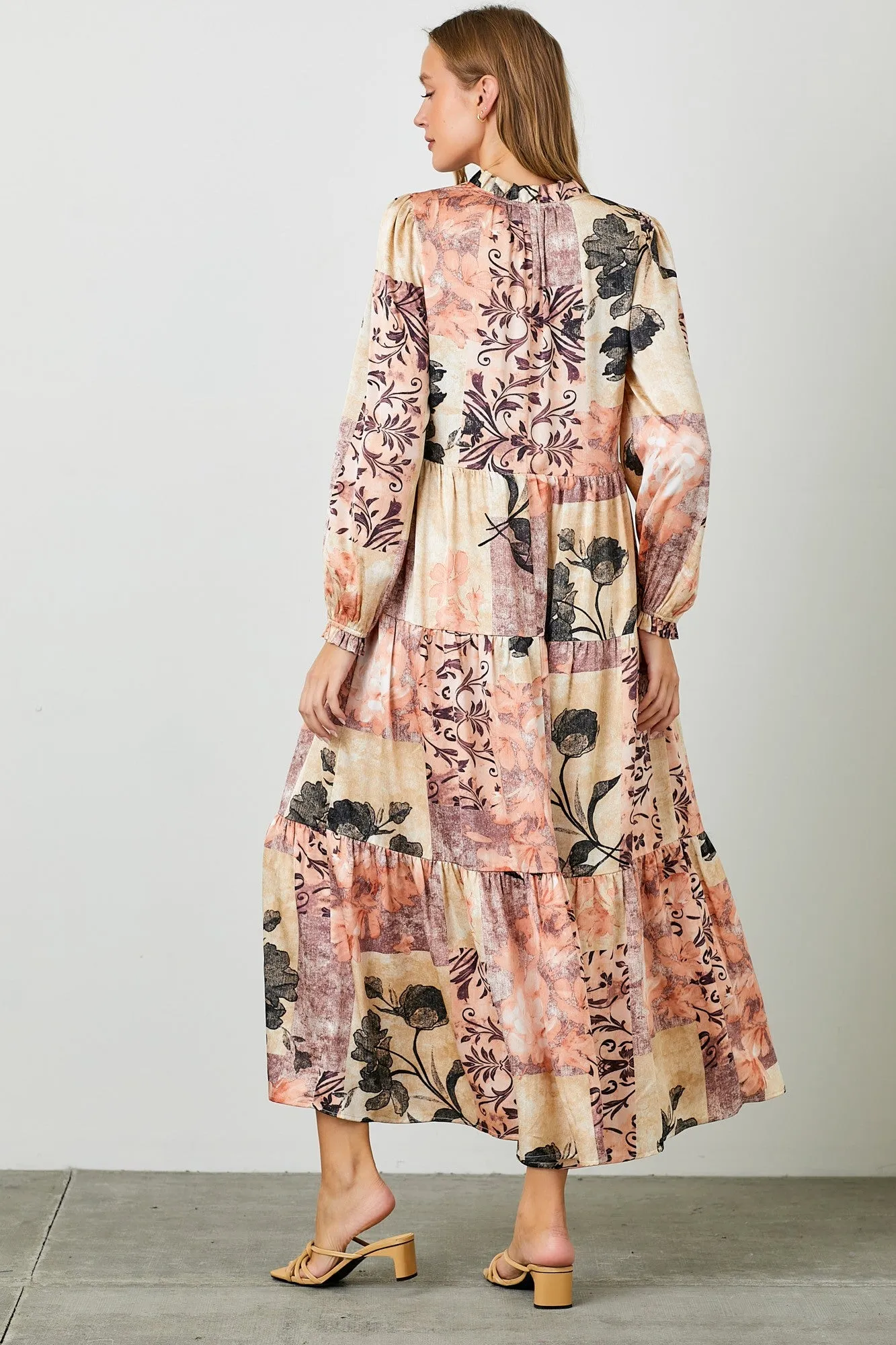 Beige Patchwork Satin Tiered Button Front Midi Dress sold by Pinkblush product image thumbnail 3