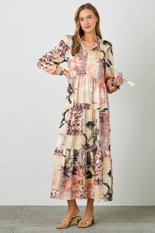 Beige Patchwork Satin Tiered Button Front Midi Dress sold by Pinkblush