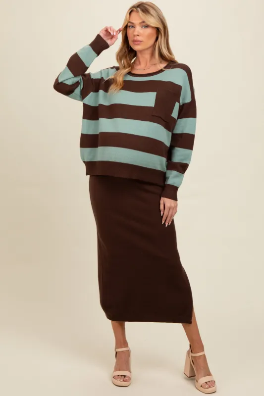 Brown Striped Sweater And Fitted Midi Skirt Maternity Set sold by Pinkblush