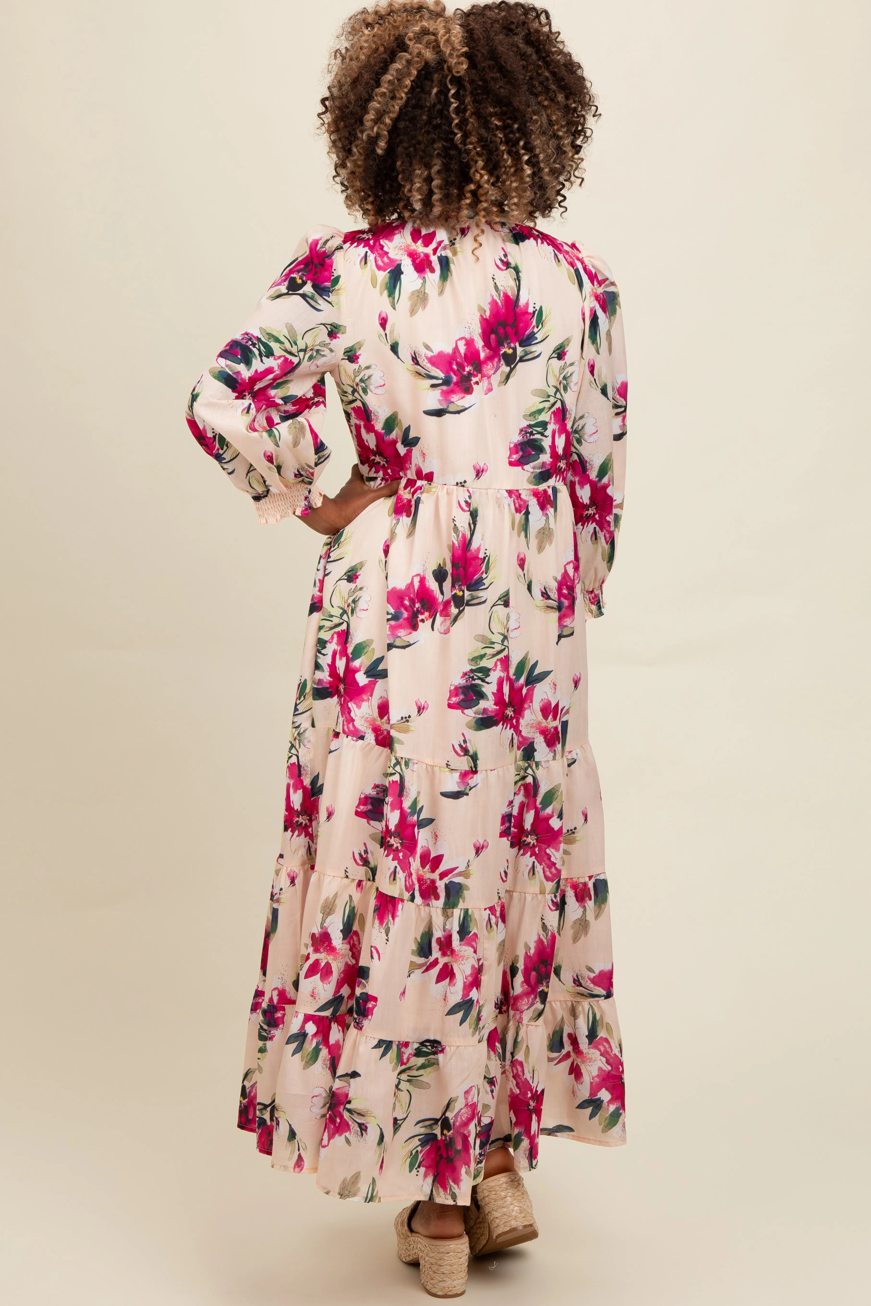 Peach Floral V-Neck Tiered Midi Dress sold by Pinkblush product image thumbnail 3