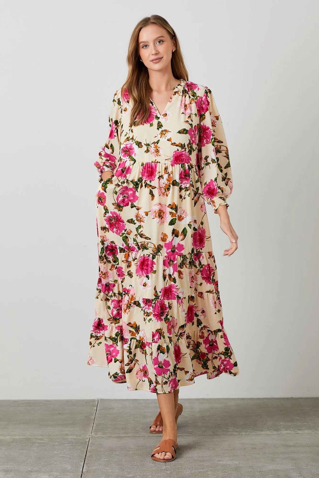 Peach Floral V-Neck Tiered Midi Dress sold by Pinkblush product image thumbnail 4