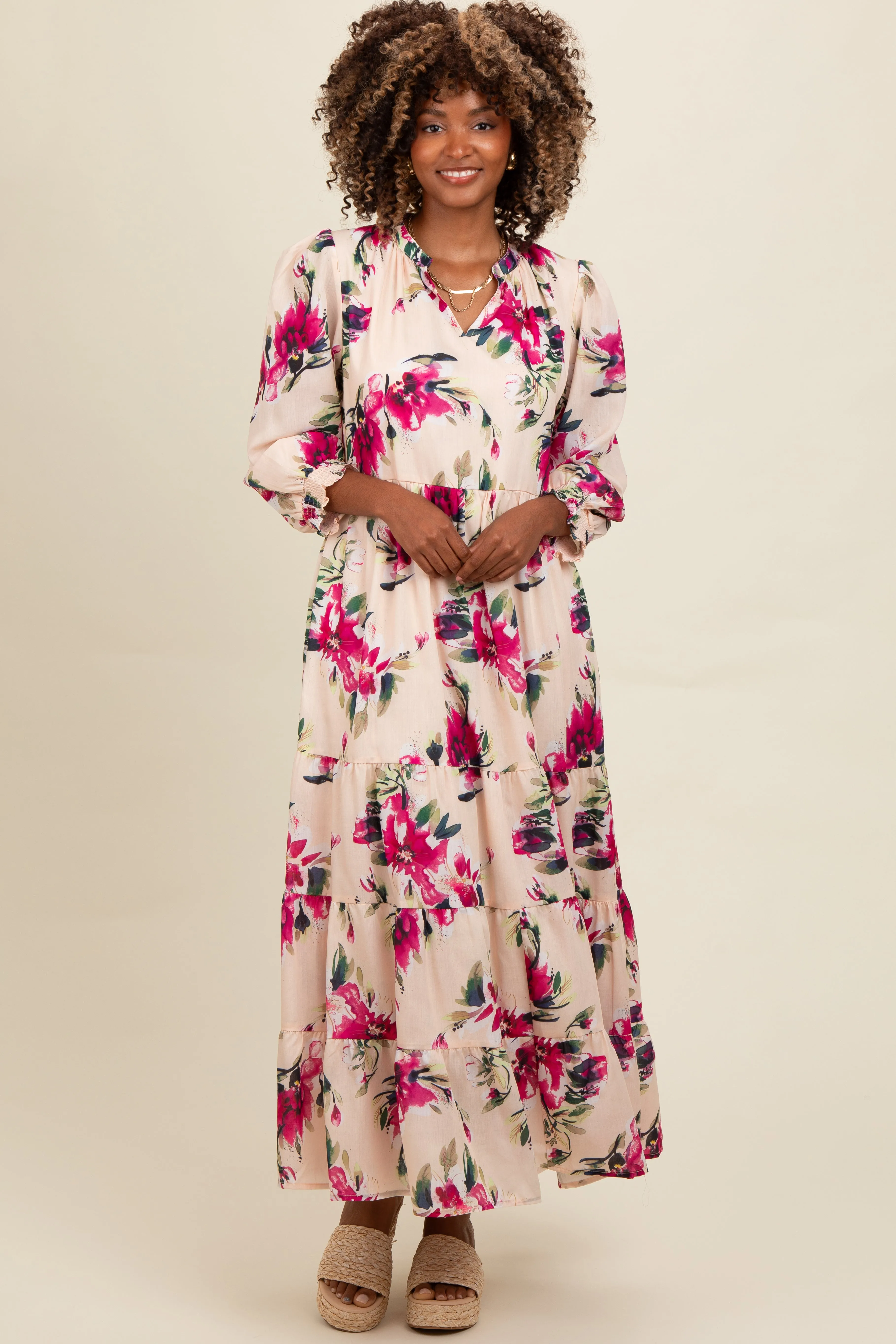 Peach Floral V-Neck Tiered Midi Dress sold by Pinkblush