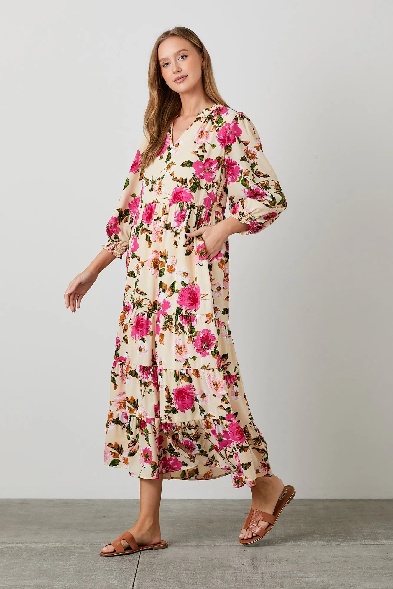 Peach Floral V-Neck Tiered Midi Dress sold by Pinkblush product image thumbnail 5