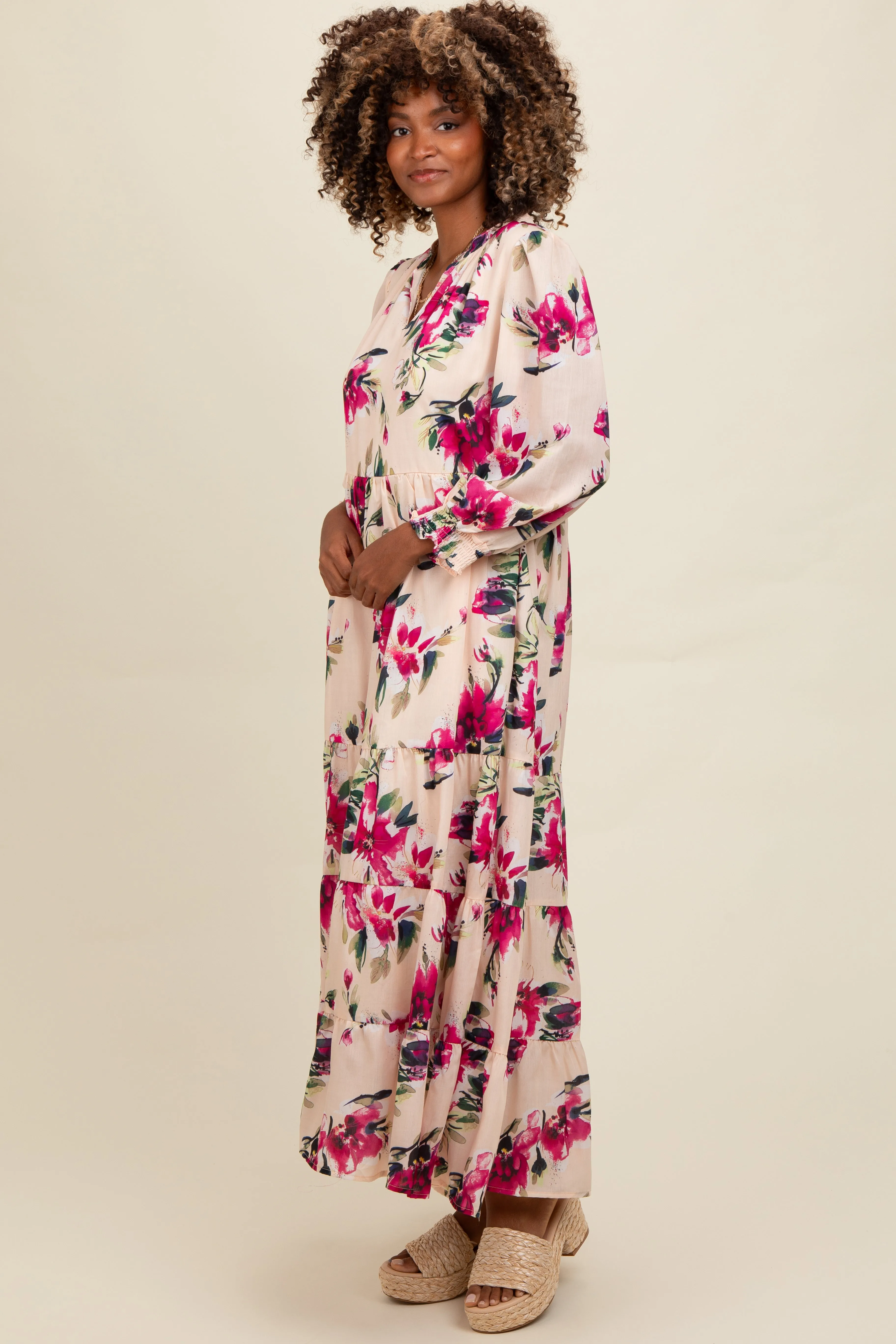 Peach Floral V-Neck Tiered Midi Dress sold by Pinkblush product image thumbnail 2
