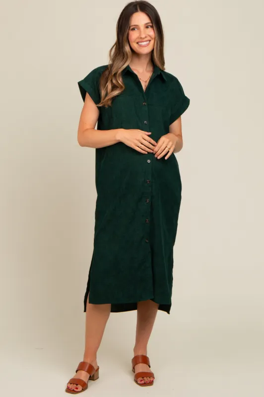 Forest Green Corduroy Button Down Maternity Midi Dress sold by Pinkblush