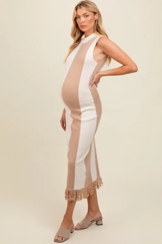 Ivory Striped Knit Fringe Hem Maternity Maxi Dress sold by Pinkblush