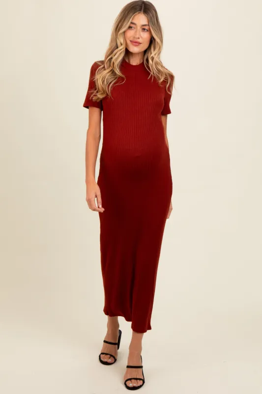 Rust Knit Short Sleeve Maternity Midi Dress sold by Pinkblush