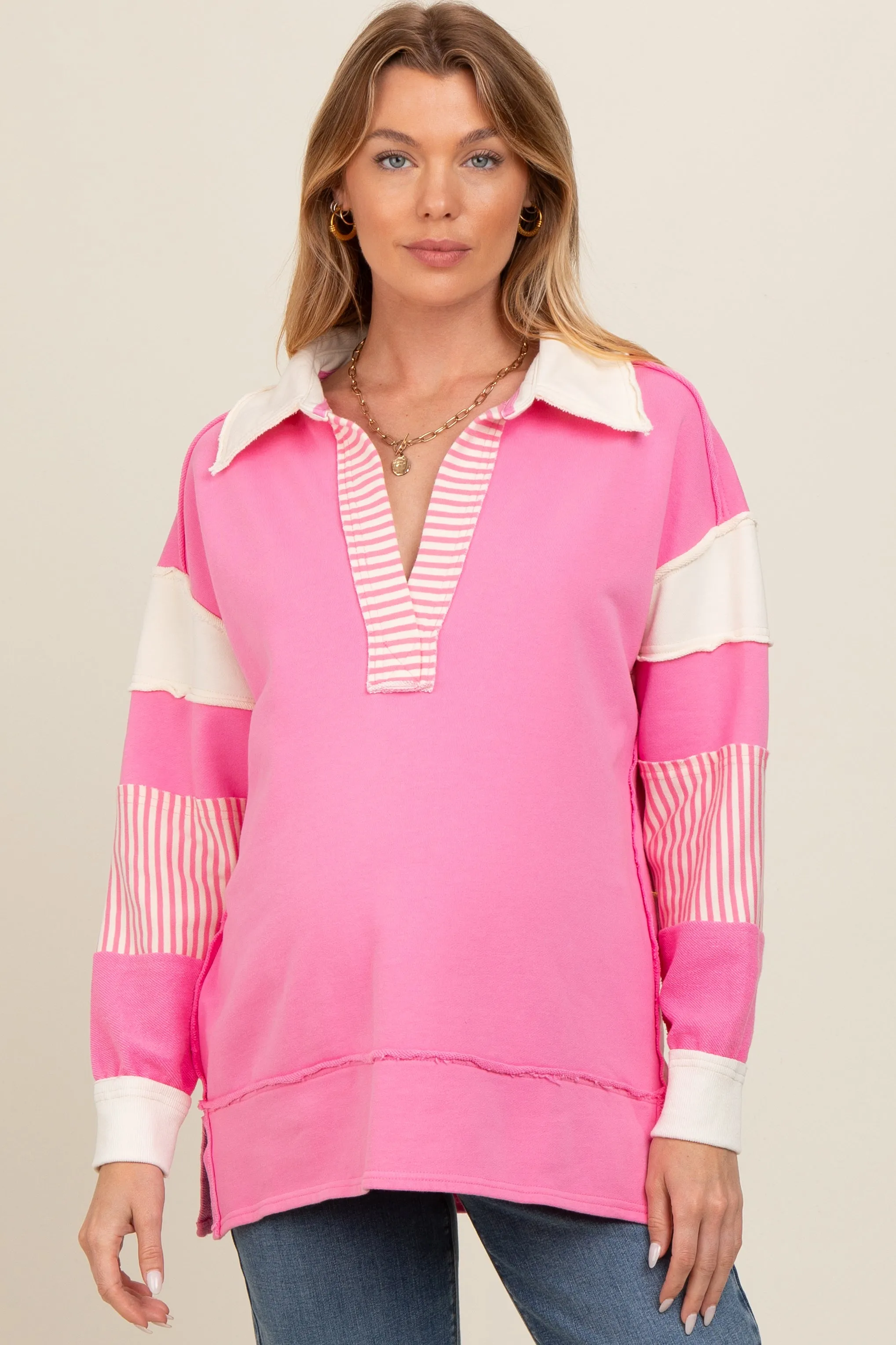 Pink Colorblock Stripe Maternity Polo Pullover Top sold by Pinkblush