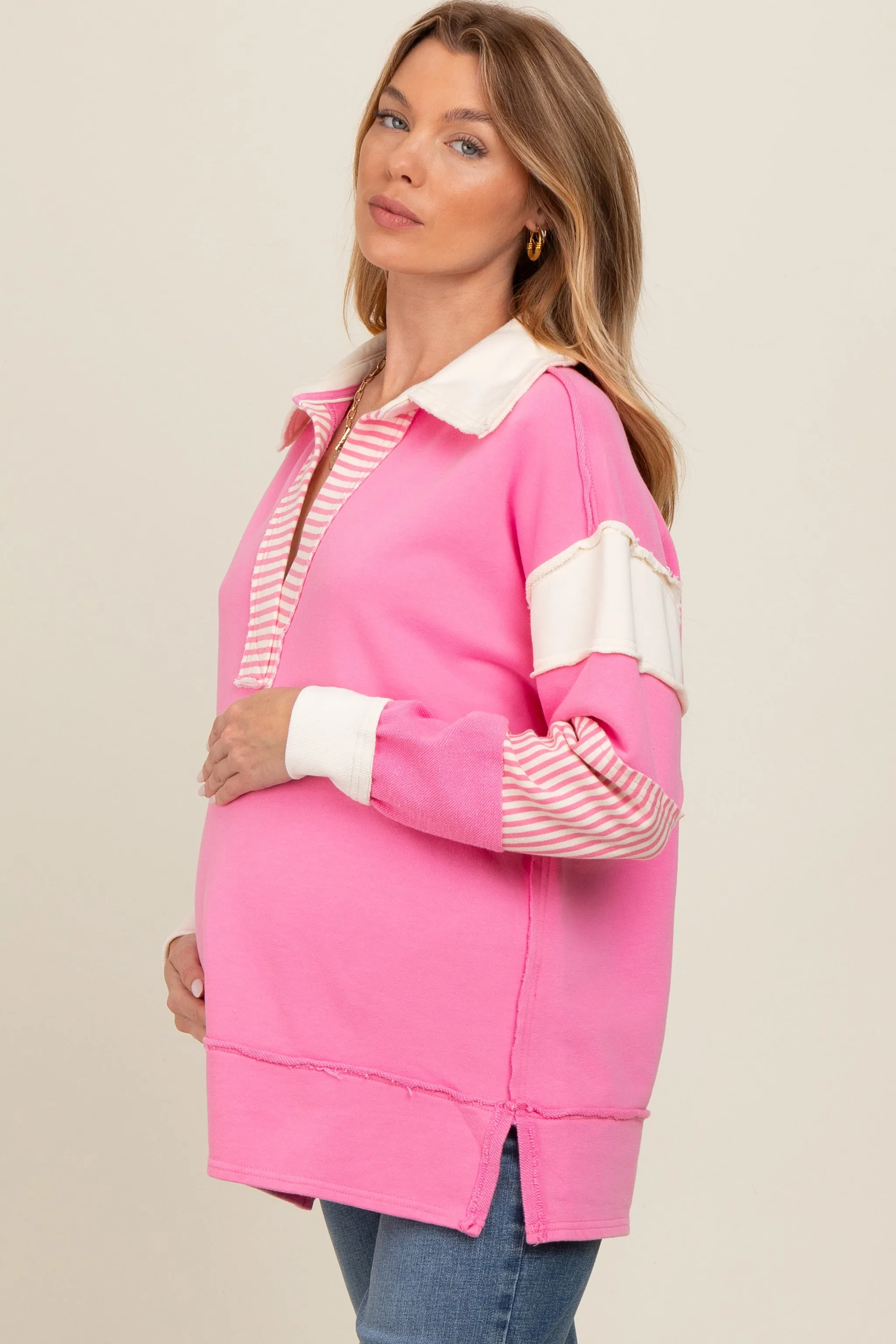 Pink Colorblock Stripe Maternity Polo Pullover Top sold by Pinkblush product image thumbnail 2
