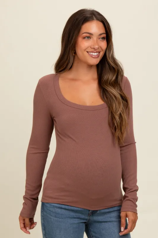 Brown Ribbed Square Neck Long Sleeve Maternity Top sold by Pinkblush
