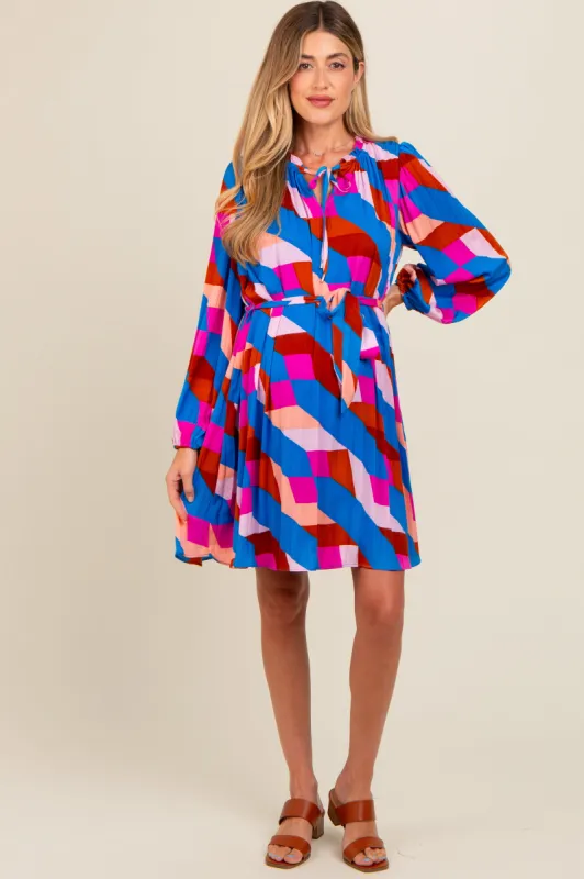Blue Geometric Front Tie Long Puff Sleeve Maternity Dress sold by Pinkblush