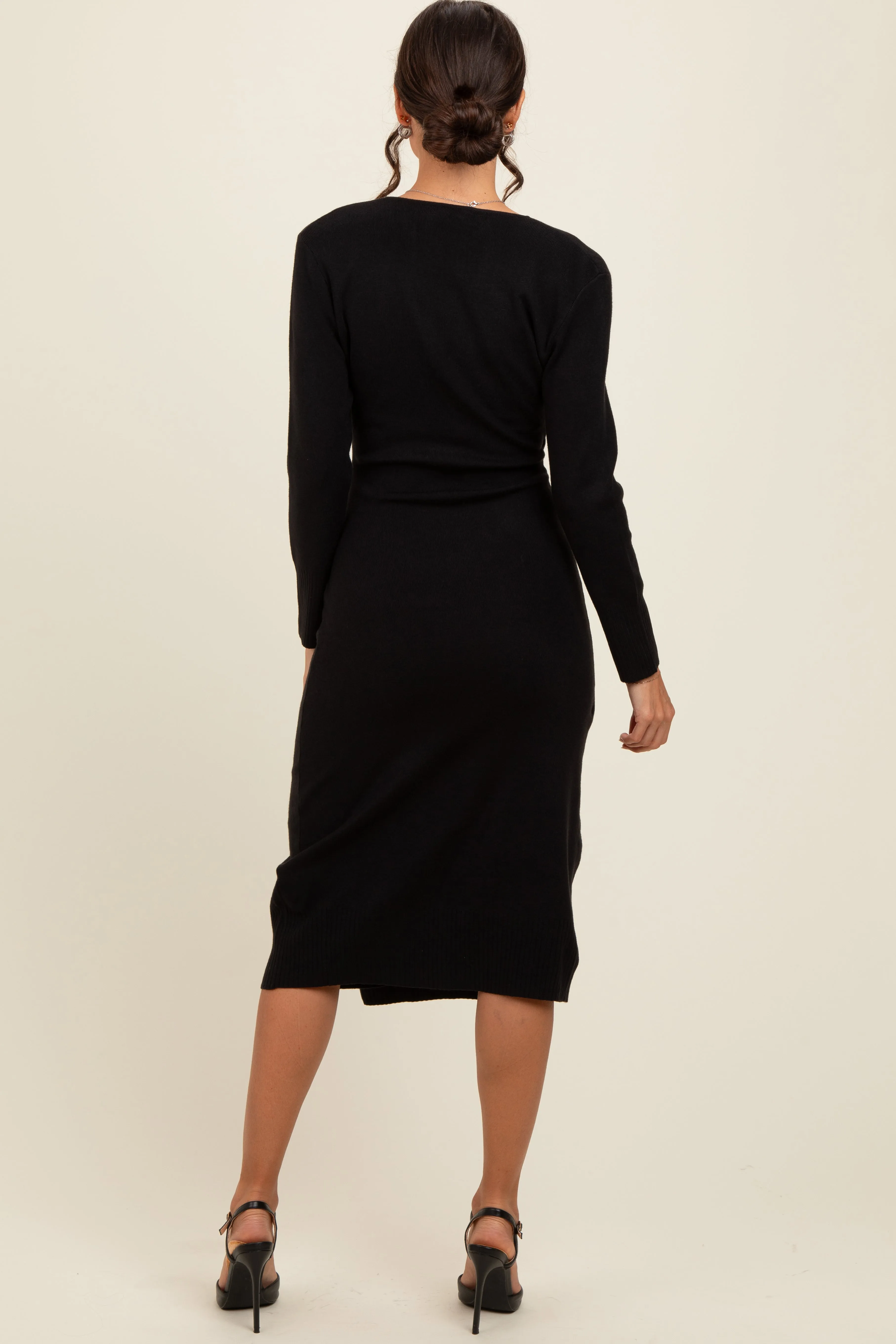 Black Knit Crossover Ruched Midi Dress sold by Pinkblush product image thumbnail 4