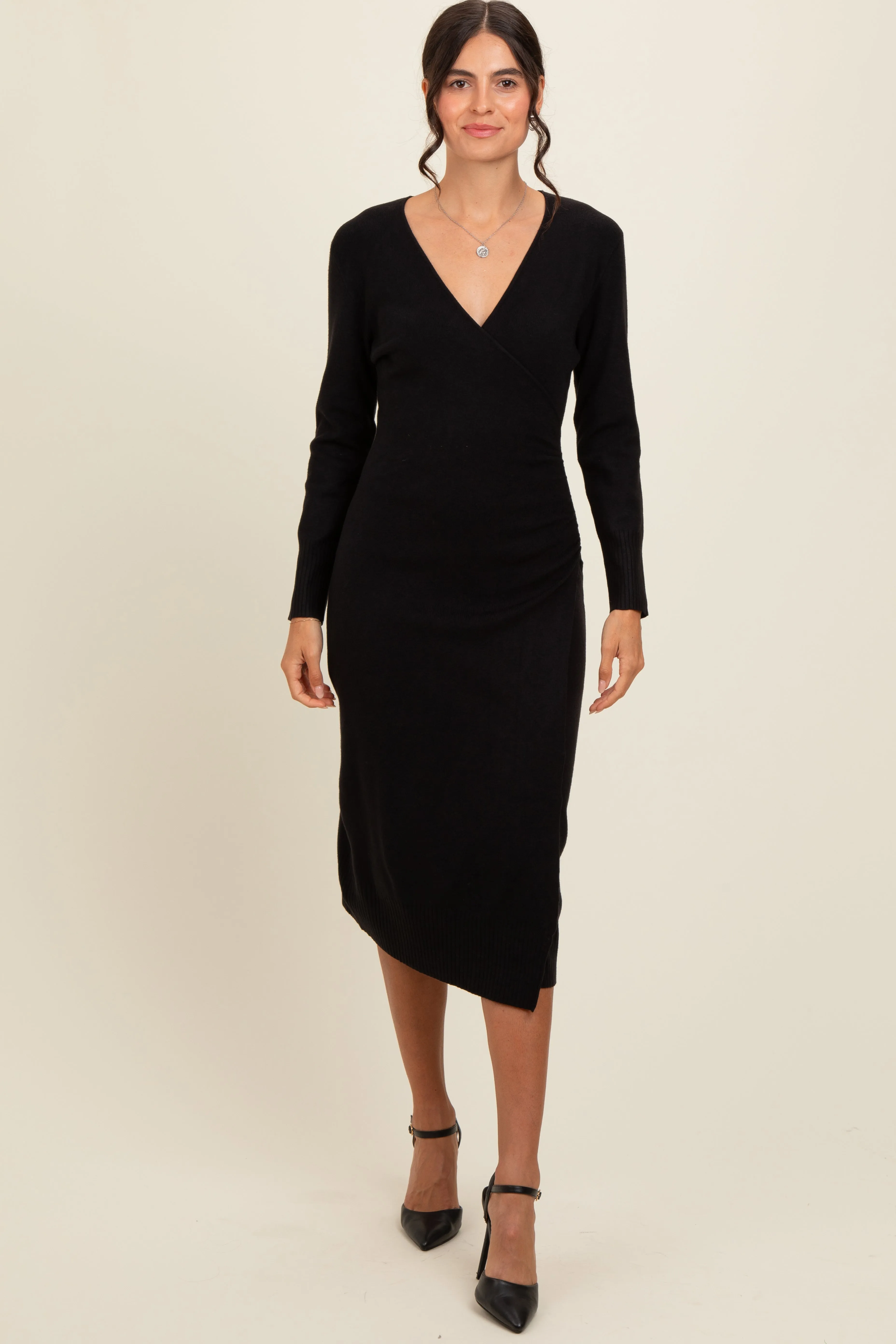 Black Knit Crossover Ruched Midi Dress sold by Pinkblush